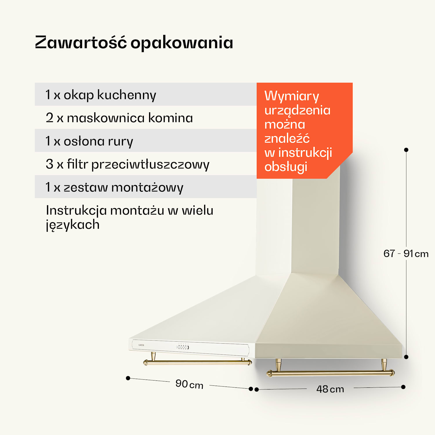 Victoria 90, okap kuchenny przyścienny, w stylu retro, 90 cm, 644,5 m³/h, 2 lampki LED 90 cm | Vintage Krem