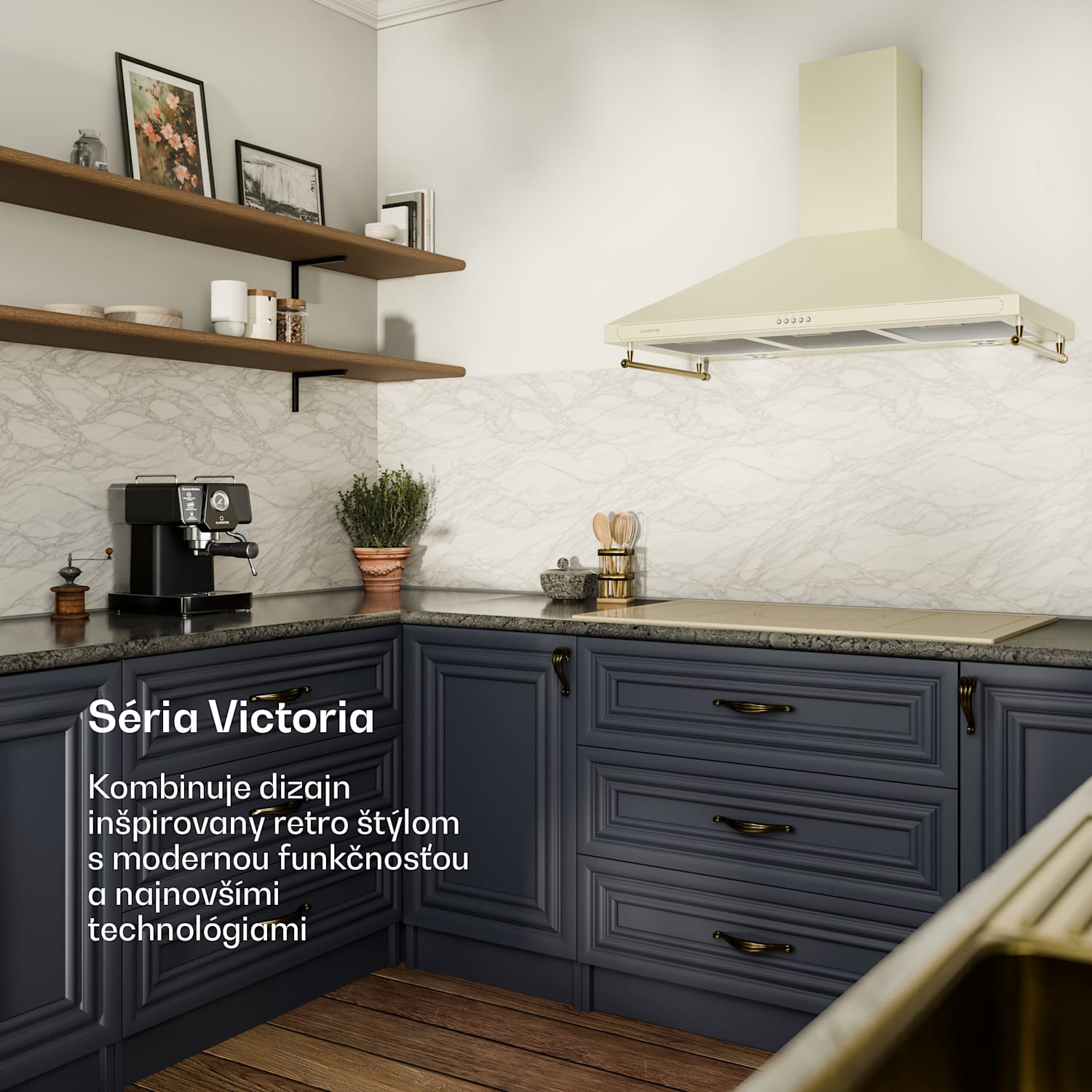 Victoria 90, digestor, 90 cm, nástenný, 644,5 m³/h, LED, retro dizajn, slonovinový 90 cm | Vintage Cream