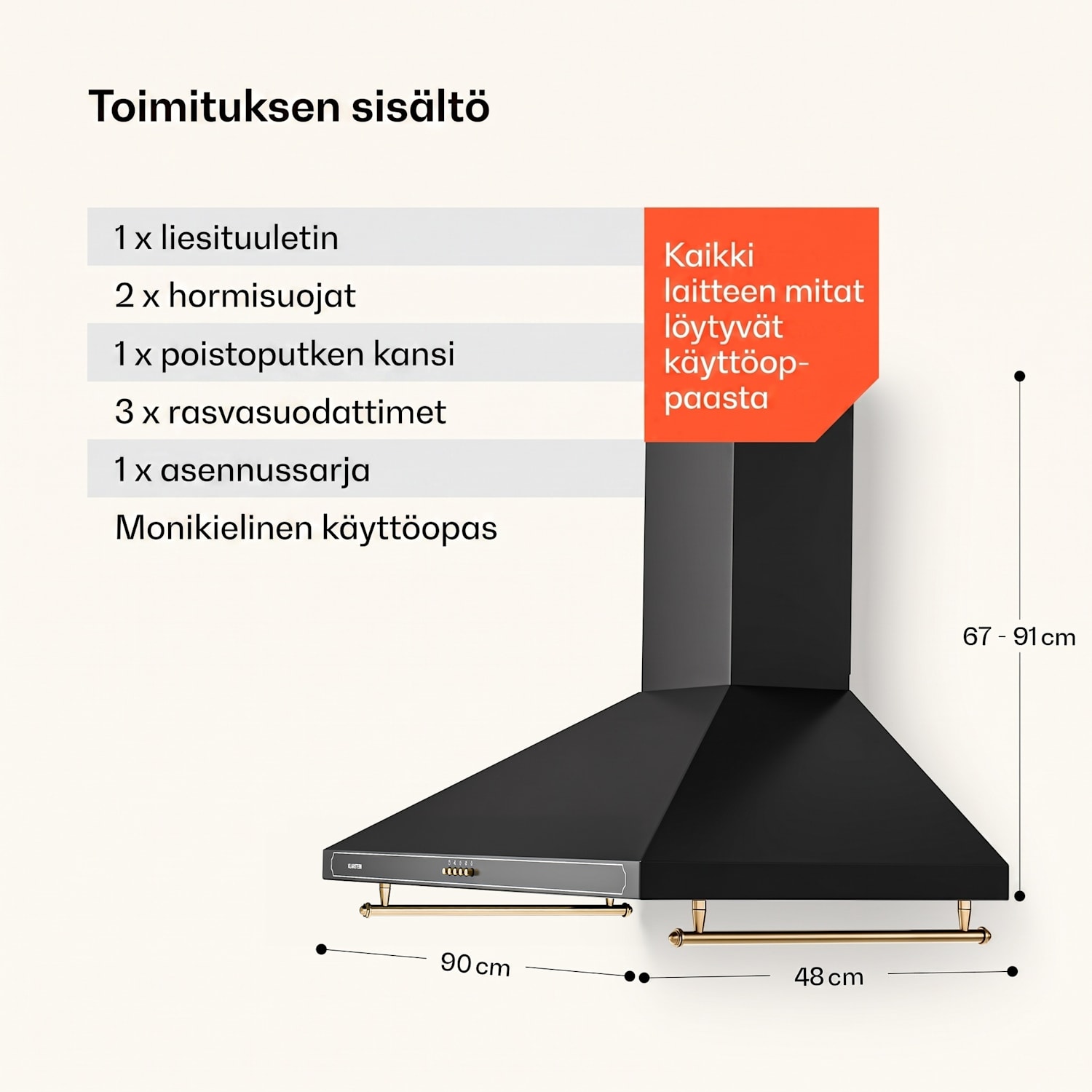 Victoria 90 liesituuletin 90 cm retromuotoilu 630 m³/h 2 LED-lamppua 90 cm | Musta
