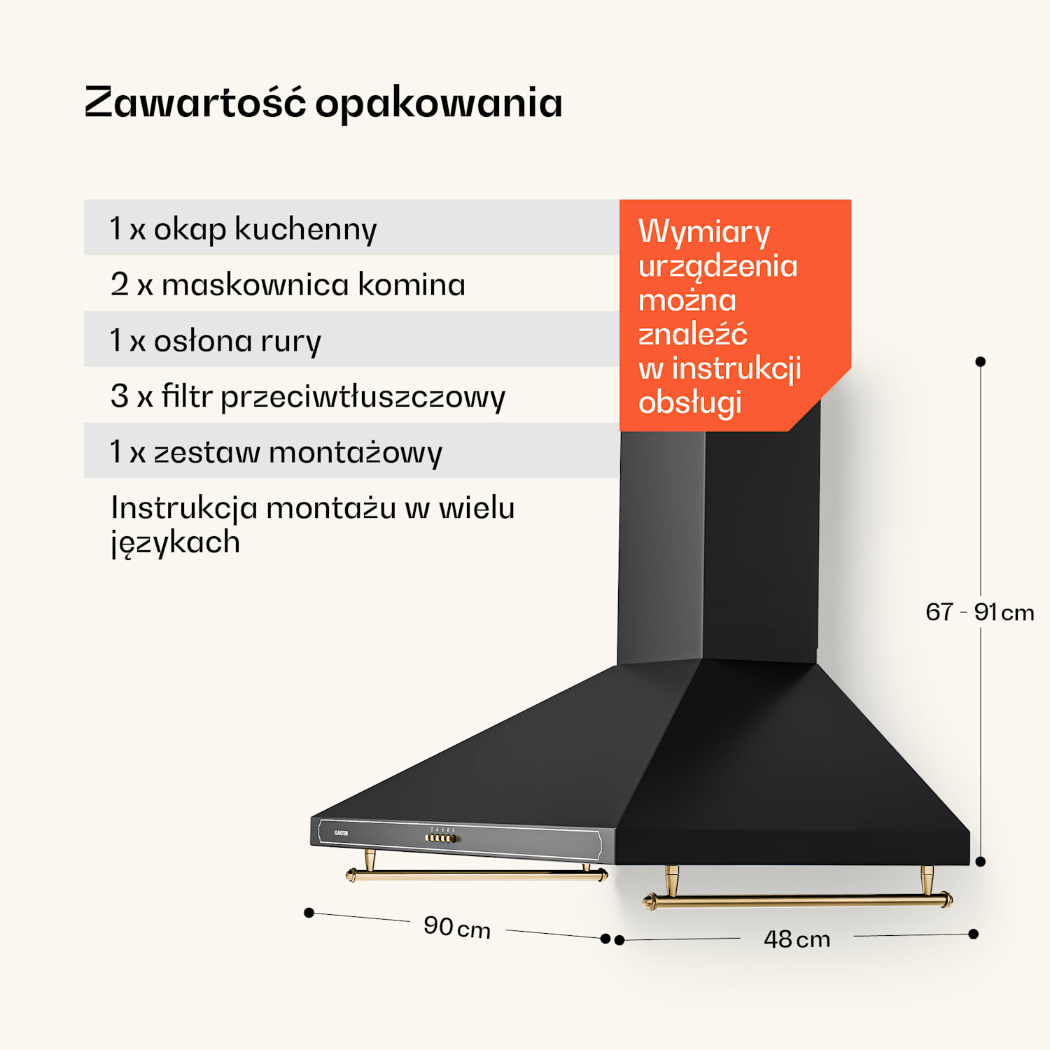 Victoria 90, okap kuchenny przyścienny, w stylu retro, 90 cm, 644,5 m³/h, 2 lampki LED 90 cm | Czarny