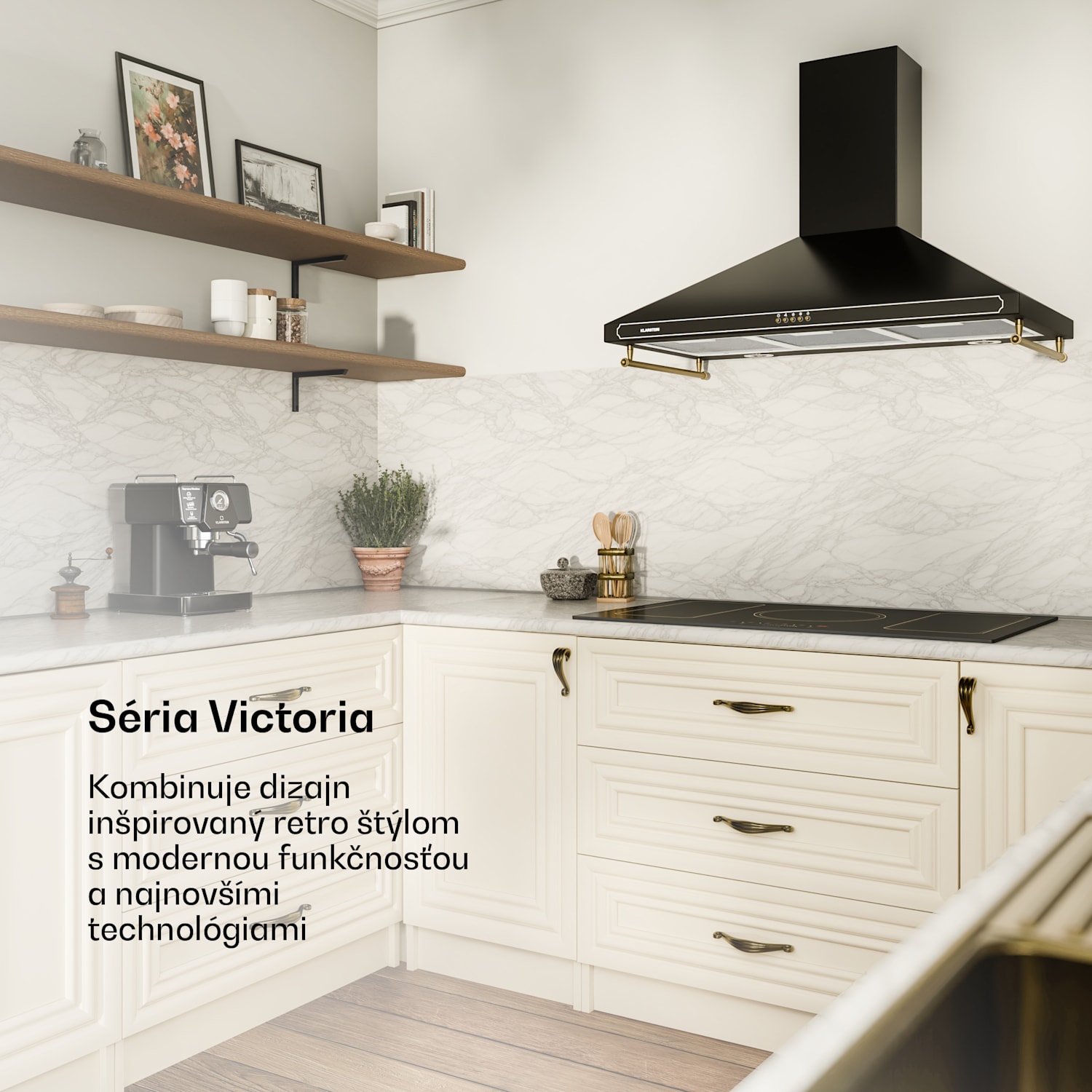 Victoria 90, digestor, 90 cm, nástenný, 644,5 m³/h, LED, retro dizajn, slonovinový 90 cm | Čierna
