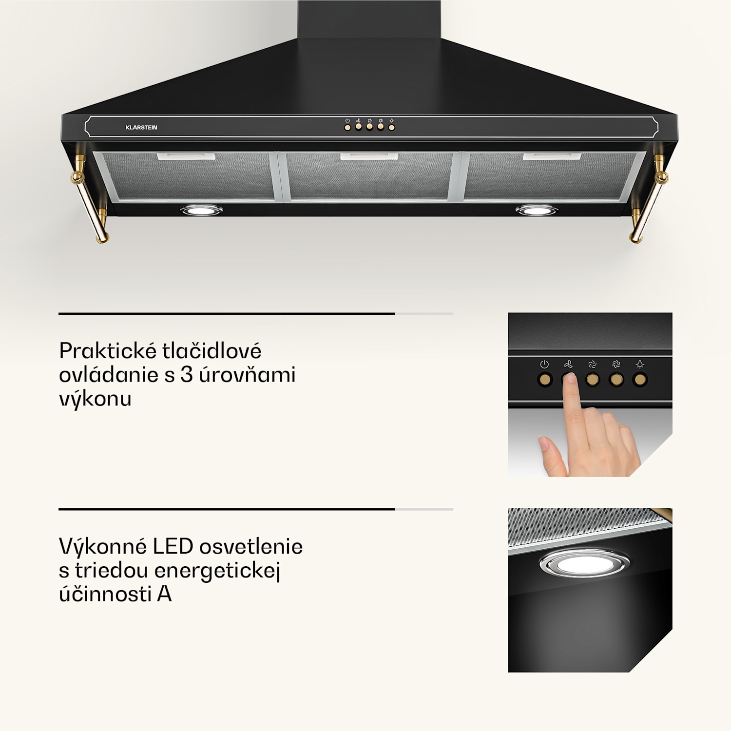 Victoria 90, digestor, 90 cm, nástenný, 644,5 m³/h, LED, retro dizajn, slonovinový 90 cm | Čierna