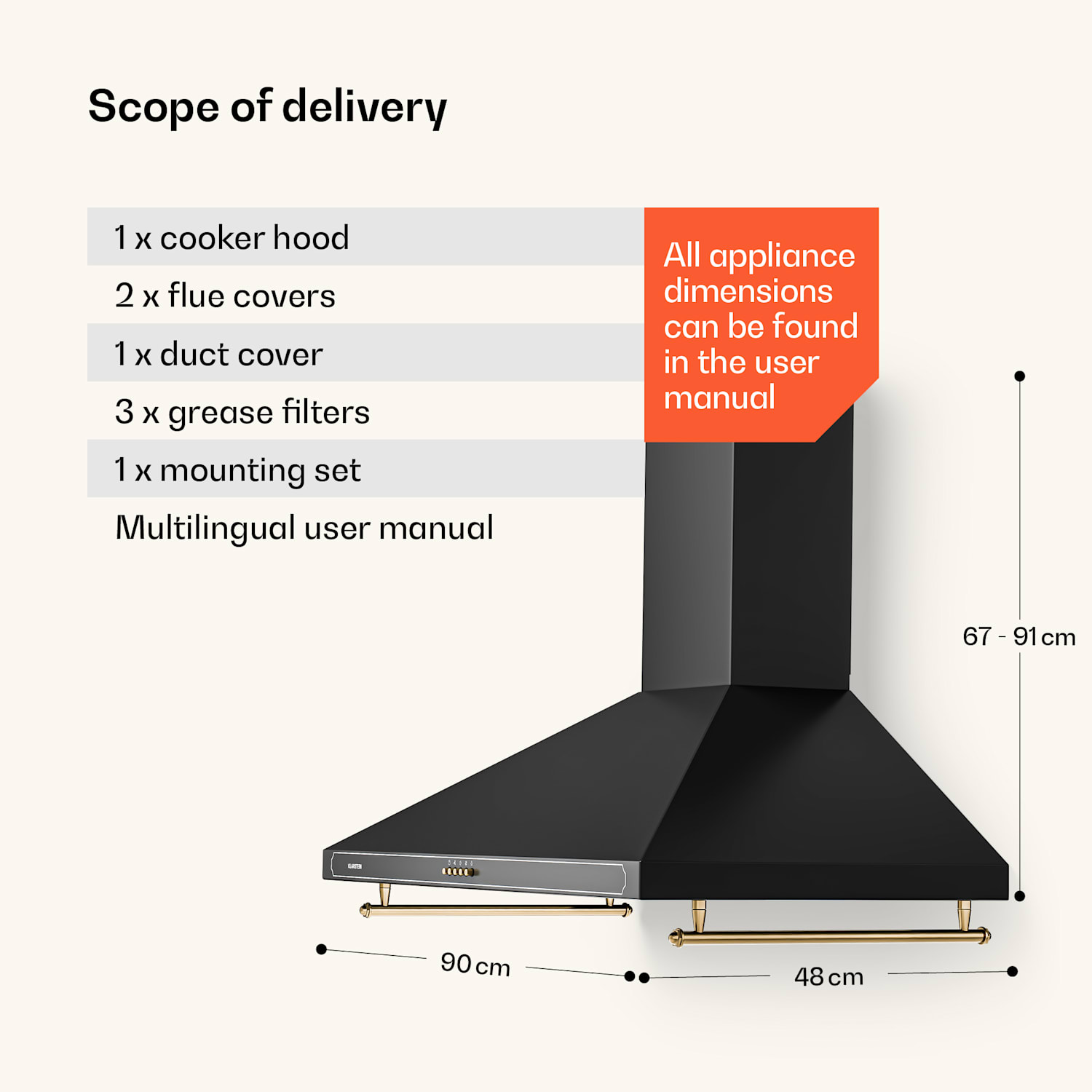 Victoria 90 afzuigkap 90 cm retro-design 644,5 m³/h 2 ledlampen 90 cm | Zwart