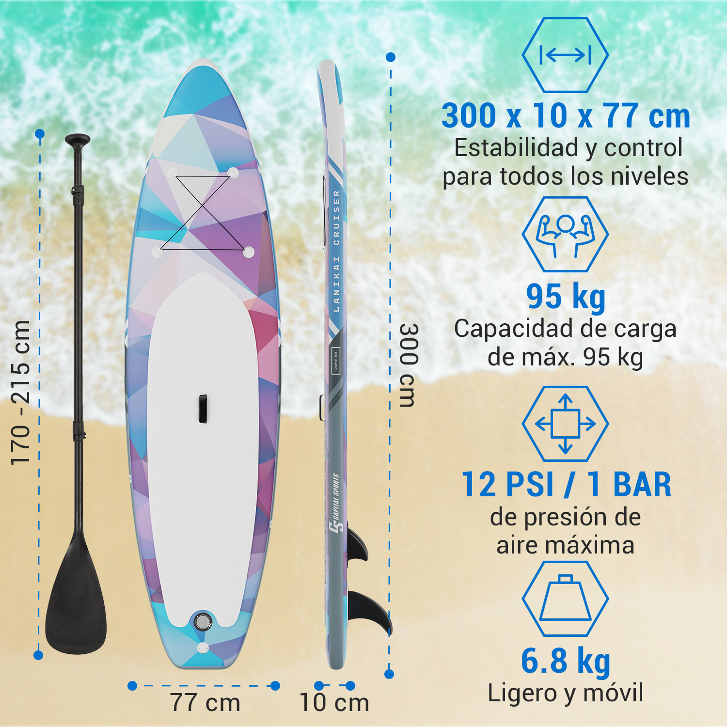 Lanikai Cruiser 9.8 Tabla de SUP inflable Juego de tabla SUP 305x77x10 Azul / Rojo