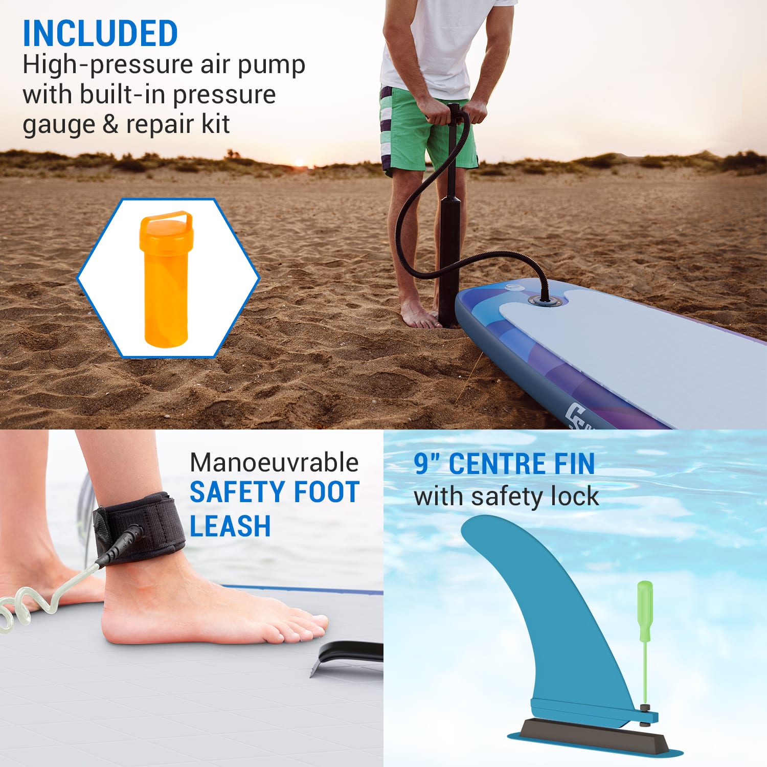 Lanikai Cruiser 9.8, felfújható paddle board, készlet SUP deszkával, 305 x 77 x 10 Kék / Piros