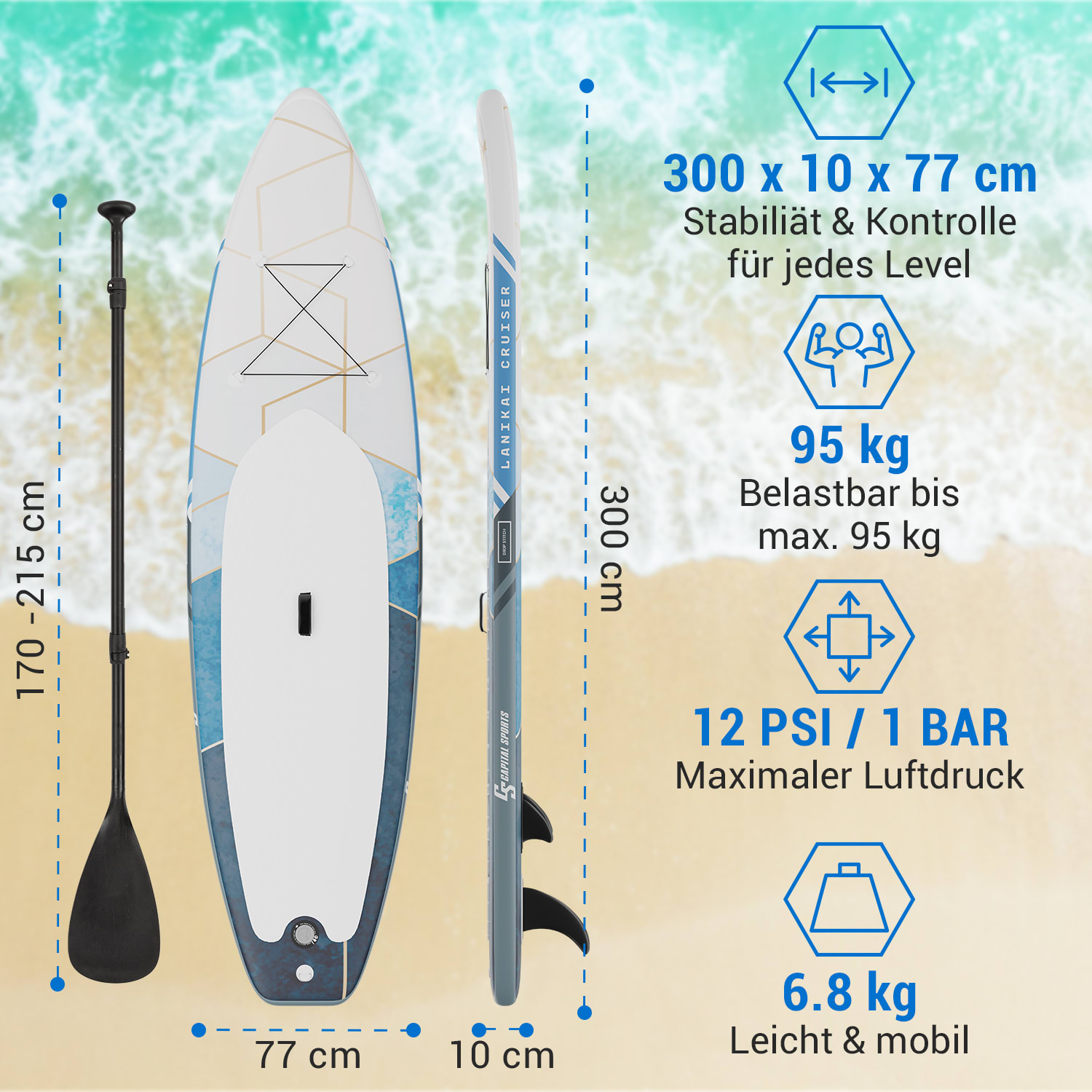 Lanikai Cruiser 9.8 aufblasbares Paddelboard SUP-Board-Set 305x77x10 Grau / Weiß