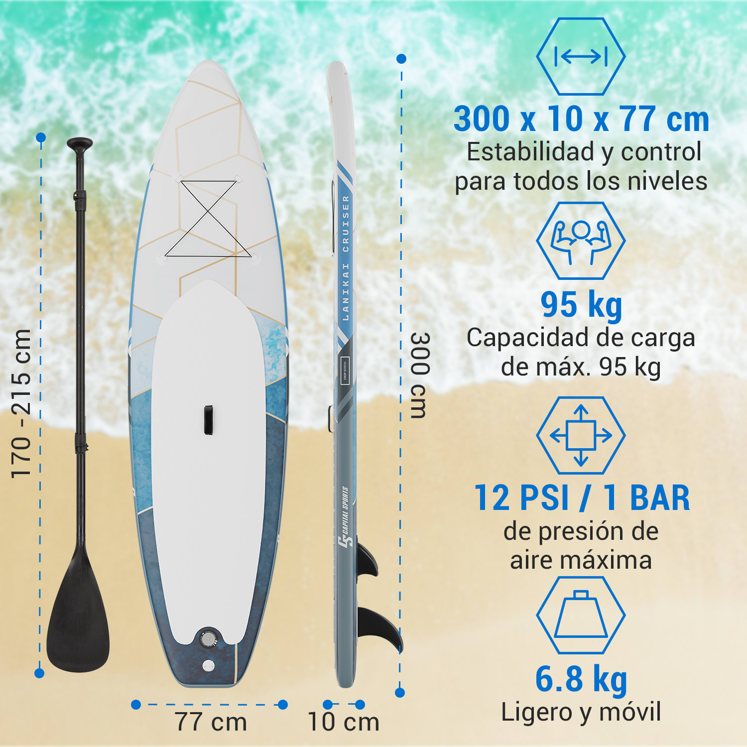Lanikai Cruiser 9.8 Tabla de SUP inflable Juego de tabla SUP 305x77x10 Gris / blanco