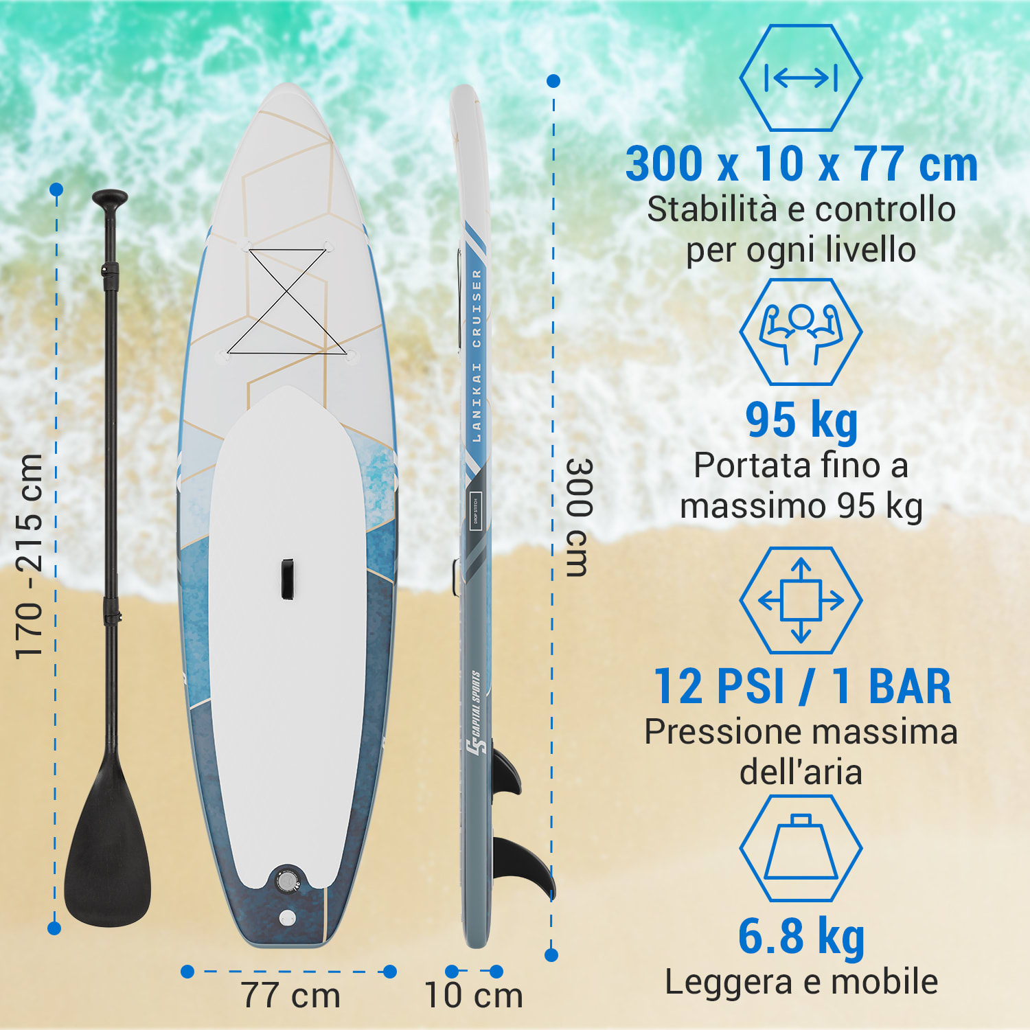 Lanikai Cruiser 9.8 - Set tavola SUP gonfiabile, 305x77x10 Grigio / Bianco
