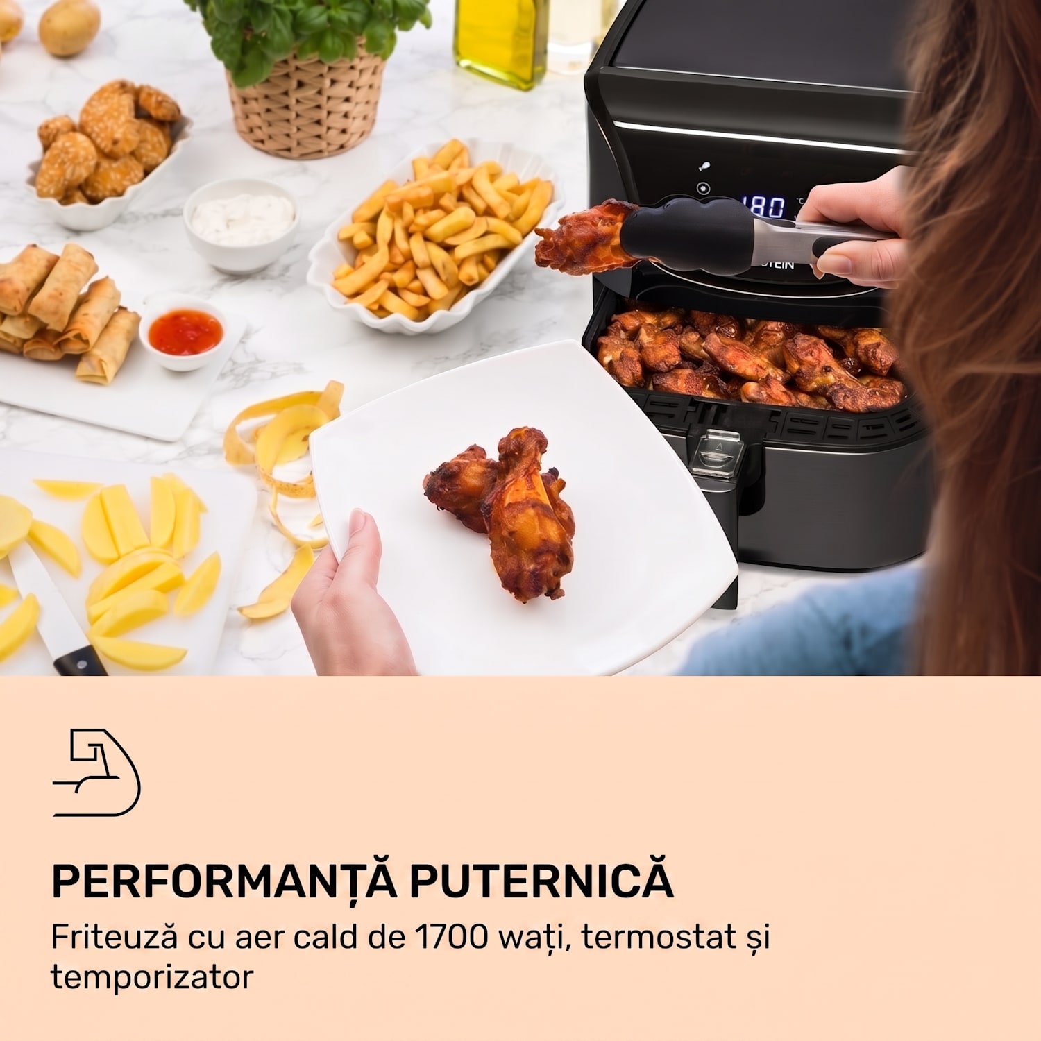 AeroVital Deluxe, friteuză cu aer cald, 1700 W, 5 l, oțel inoxidabil Deluxe. | Negru metalic