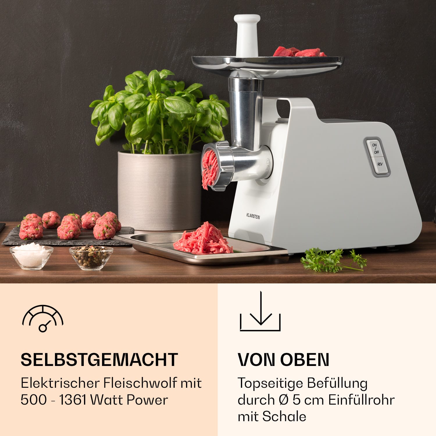 Mighty Mince elektrischer Fleischwolf 500 - 1361 Watt 3 Lochscheiben Weiß