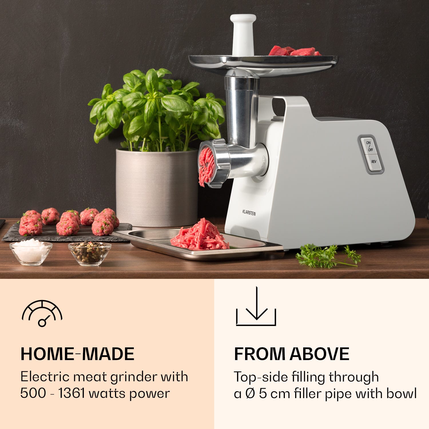 Mighty Mince, elektrický mlýnek na maso, 1361 W, 3 perforované ocelové kotouče 