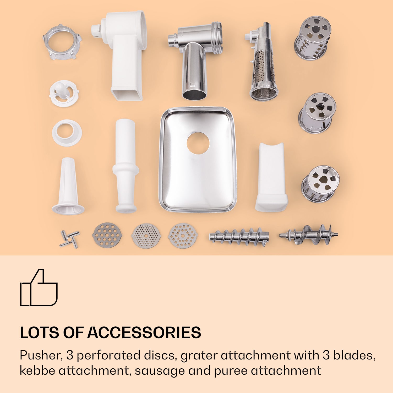 Mighty Mince, elektrický mlýnek na maso, 1361 W, 3 perforované ocelové kotouče 