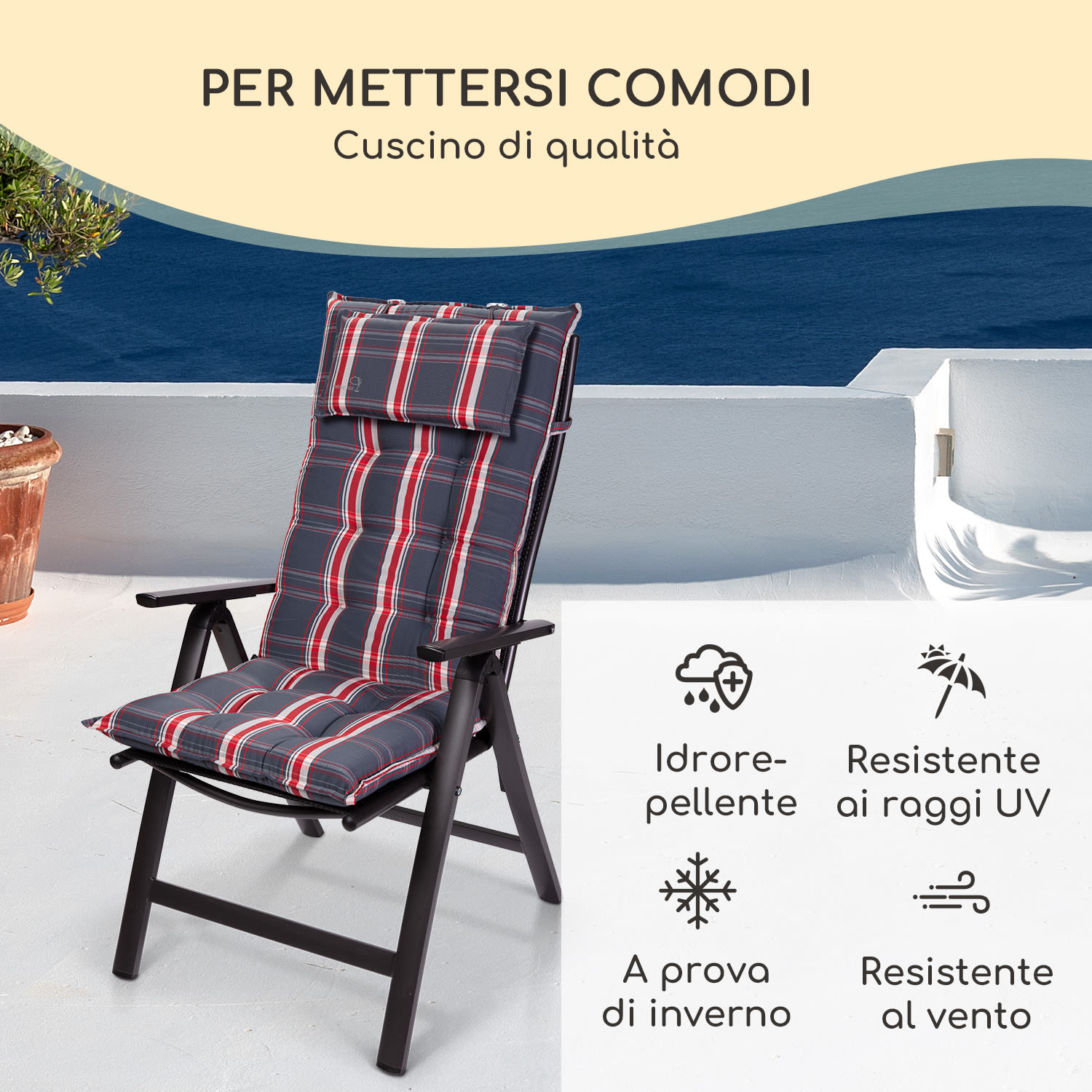 Sylt, Imbottitura, Schienale Alto, Sedia da Giardino, Poggiatesta, Poliestere, 50x120x9cm 1 x cuscino di seduta | Grigio / Rosso