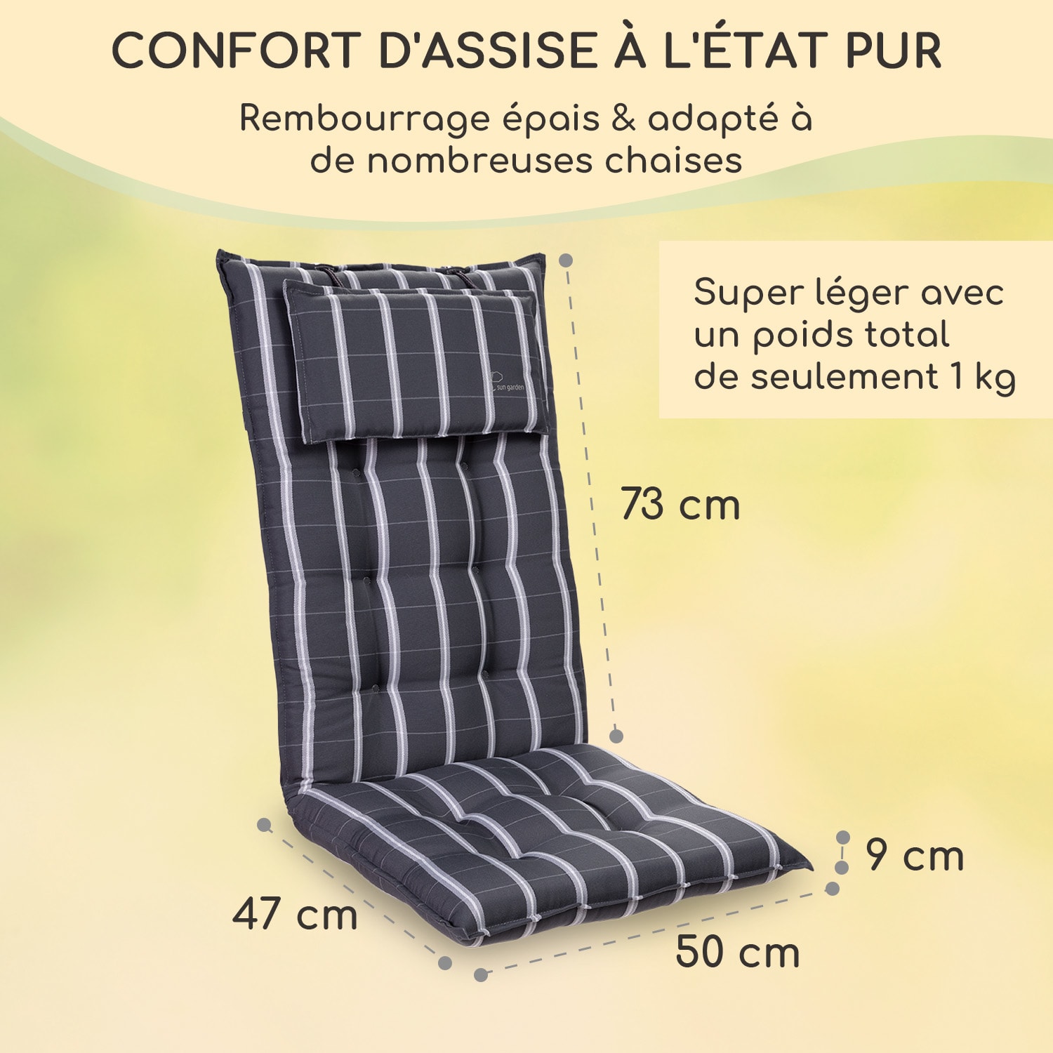 Sylt coussin de fauteuil appuie-tête pour dossier haut Polyester 50x120x9cm 1 x coussin de siege | Gris / Gris clair