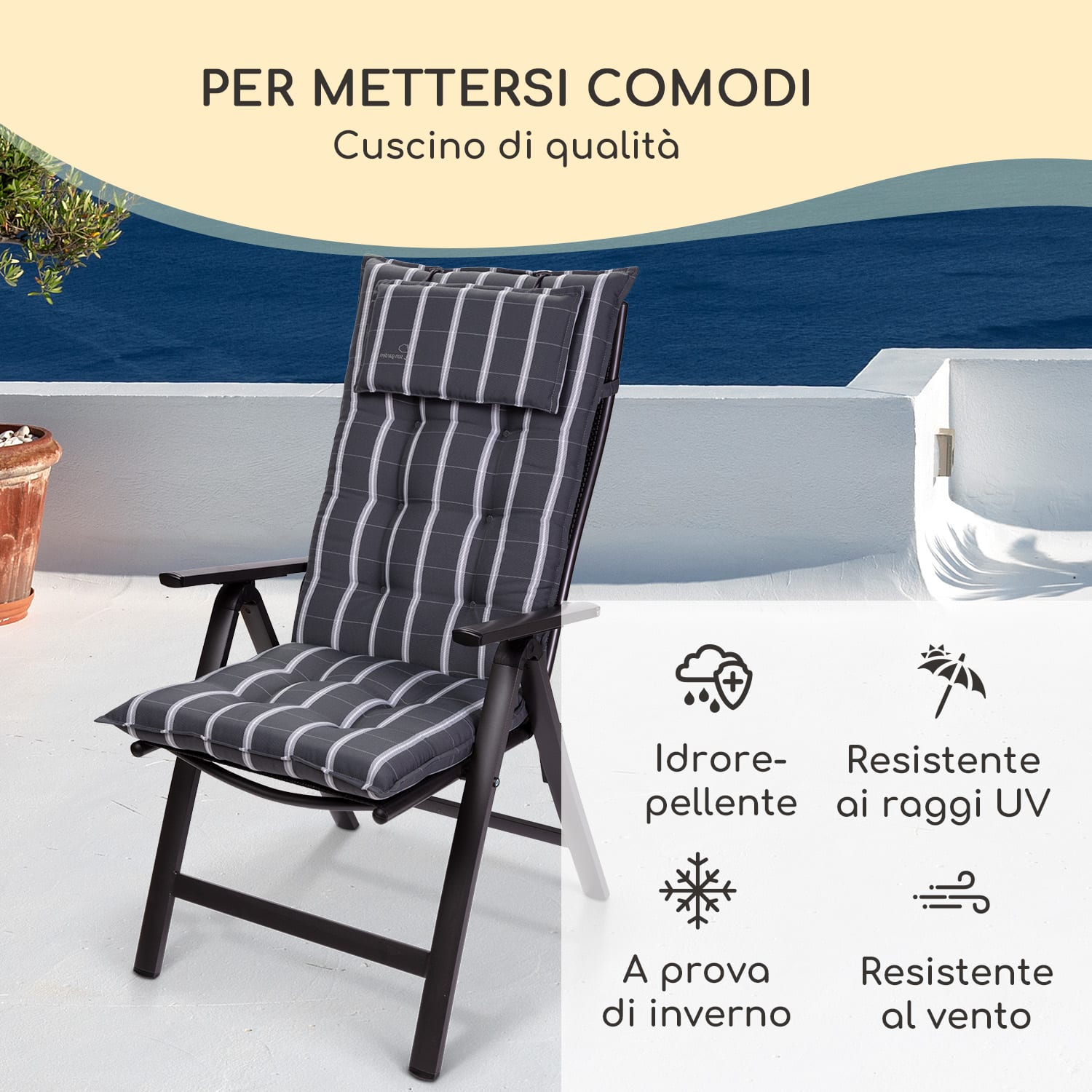 Sylt, Imbottitura, Schienale Alto, Sedia da Giardino, Poggiatesta, Poliestere, 50x120x9cm 1 x cuscino di seduta | Grigio / chiaro grigio