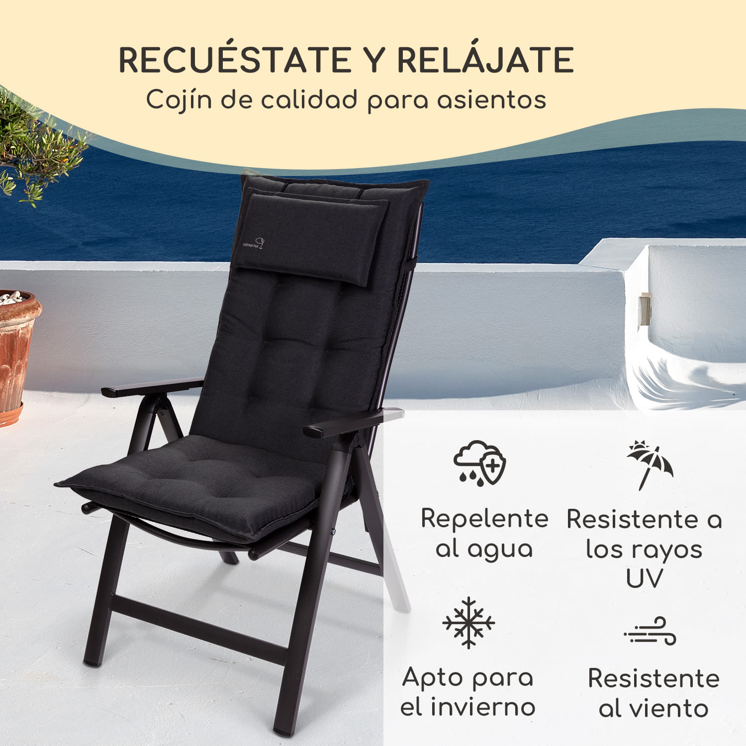 Sylt Cojín acolchado Cojín de exterior para sillas con respaldo alto Almohada Poliéster 50x120x9cm 1 x cojín del asiento | Azul / antracita