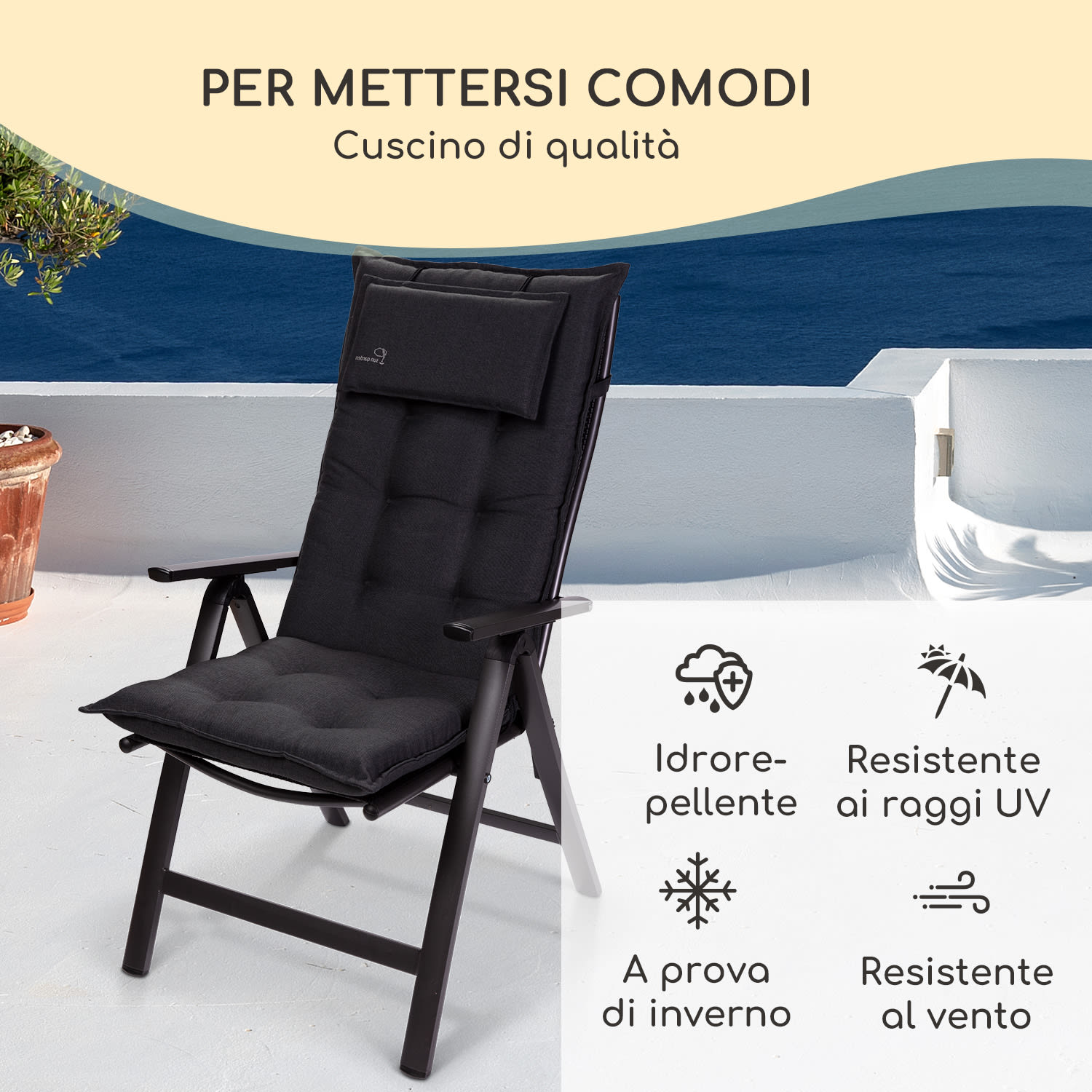 Sylt, Imbottitura, Schienale Alto, Sedia da Giardino, Poggiatesta, Poliestere, 50x120x9cm 1 x cuscino di seduta | Blu / Antracite