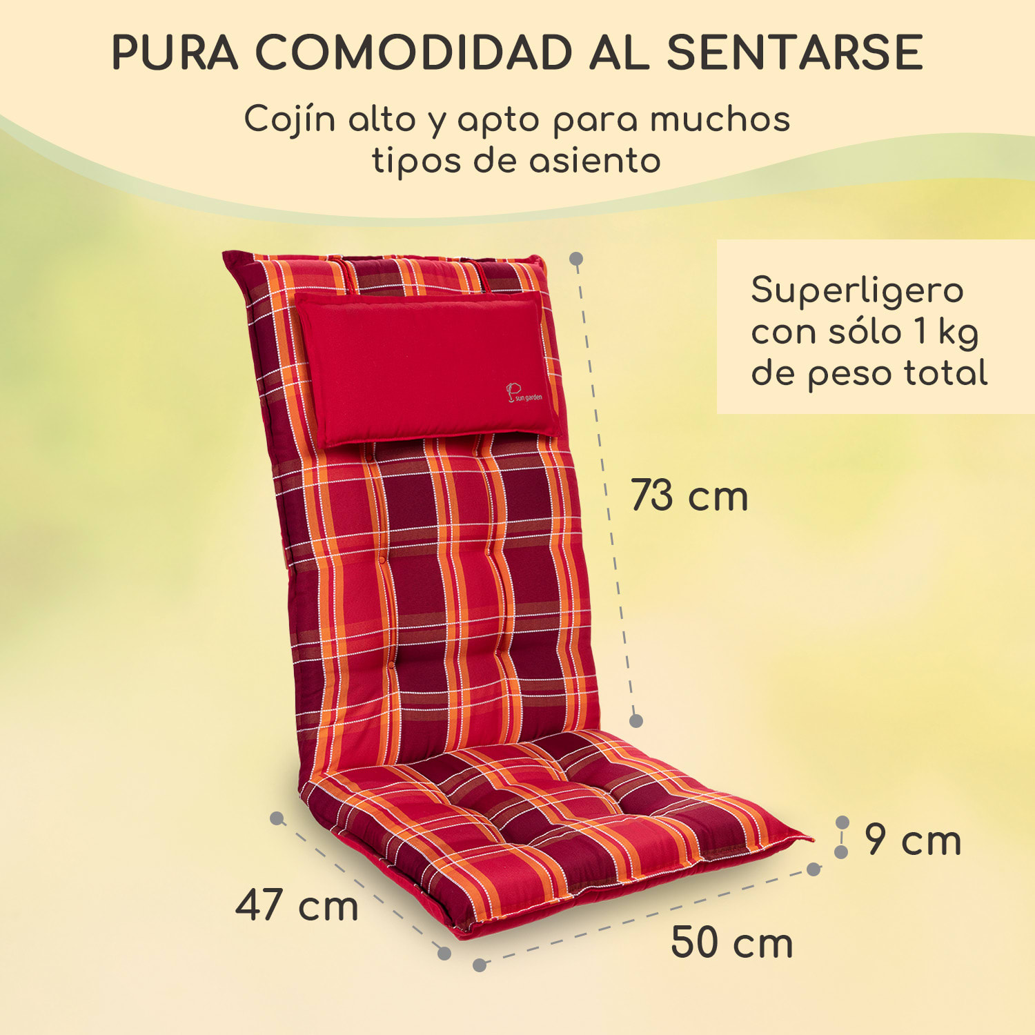 Sylt Cojín acolchado Cojín de exterior para sillas con respaldo alto Almohada Poliéster 50x120x9cm 1 x cojín del asiento | A cuadros rojos