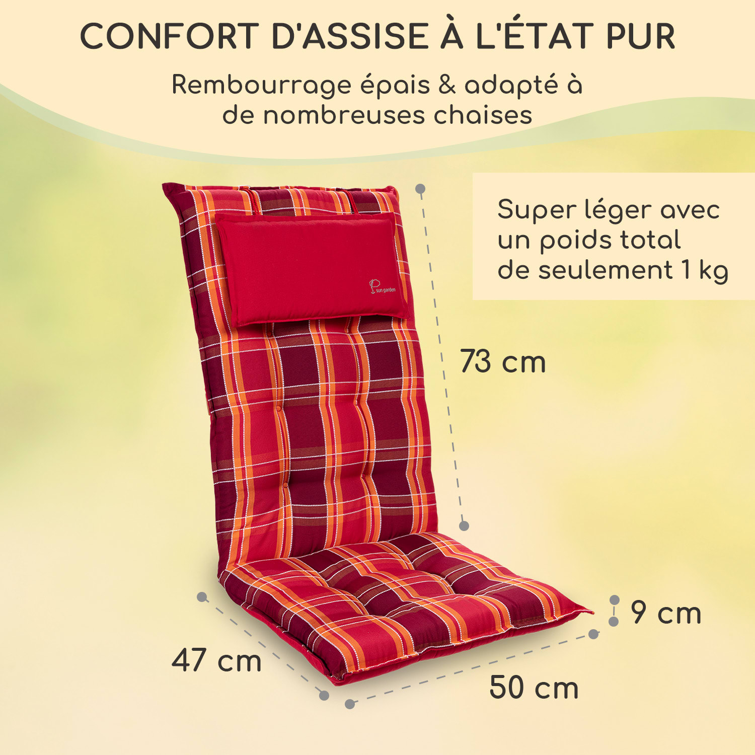 Sylt coussin de fauteuil appuie-tête pour dossier haut Polyester 50x120x9cm 1 x coussin de siege | Rouge à carreaux