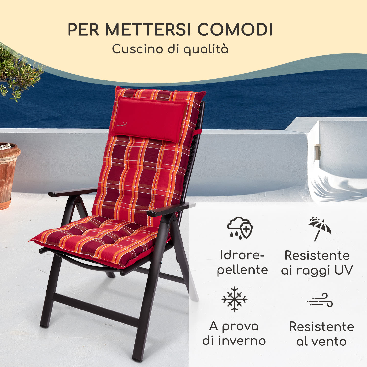 Sylt, Imbottitura, Schienale Alto, Sedia da Giardino, Poggiatesta, Poliestere, 50x120x9cm 1 x cuscino di seduta | Plaid rosso