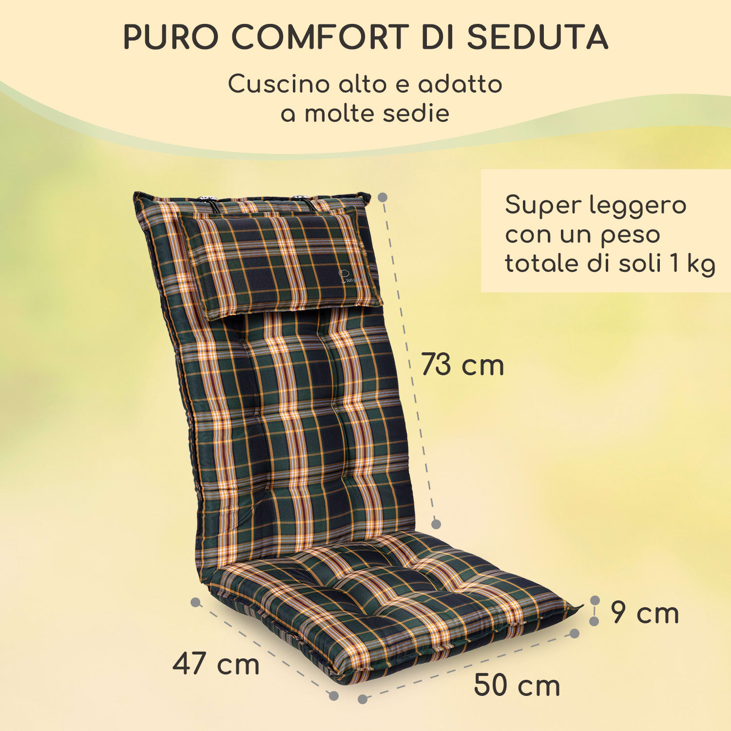 Sylt, Imbottitura, Schienale Alto, Sedia da Giardino, Poggiatesta, Poliestere, 50x120x9cm 1 x cuscino di seduta | Verde / giallo