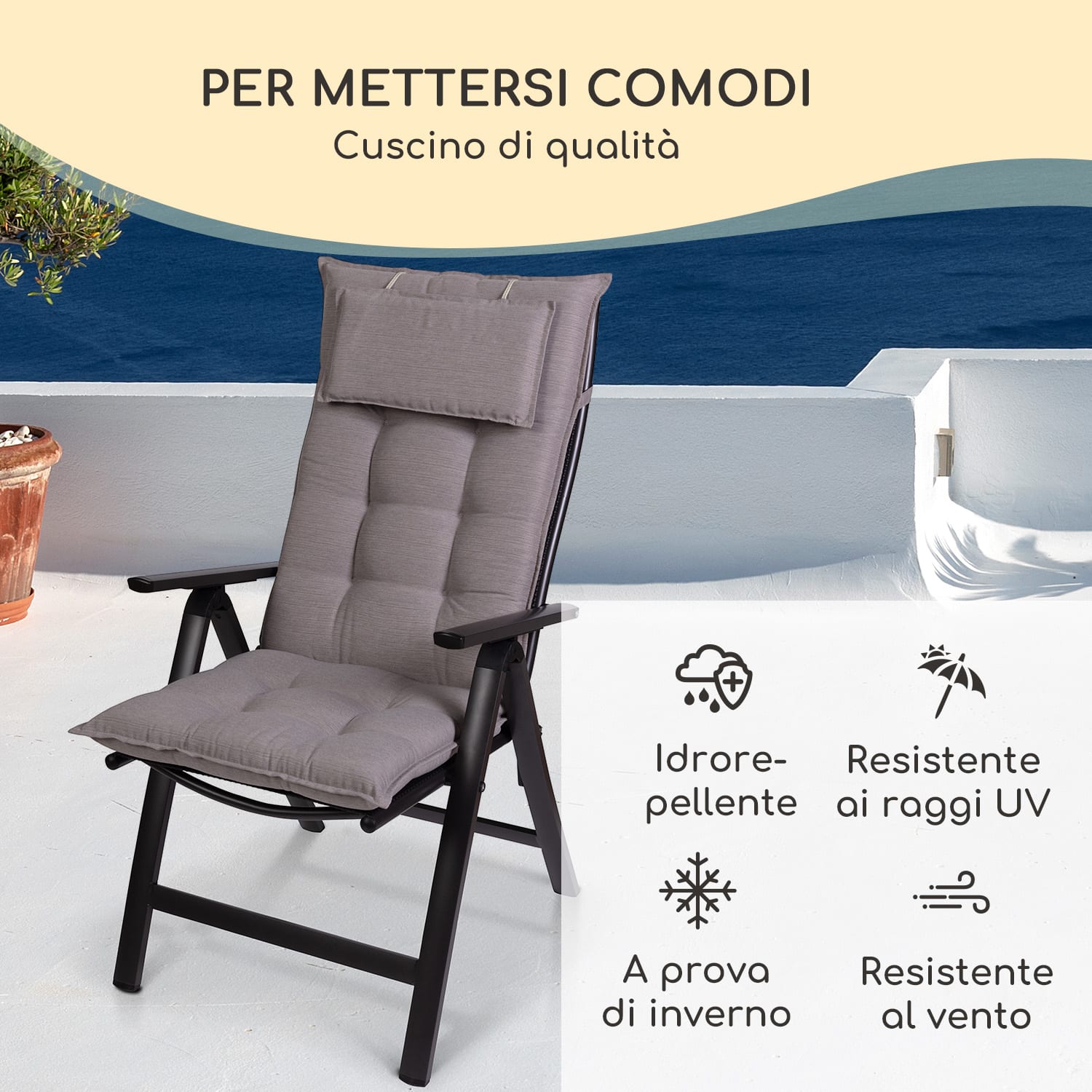 Sylt, Imbottitura, Schienale Alto, Sedia da Giardino, Poggiatesta, Poliestere, 50x120x9cm 1 x cuscino di seduta | Grigio platino
