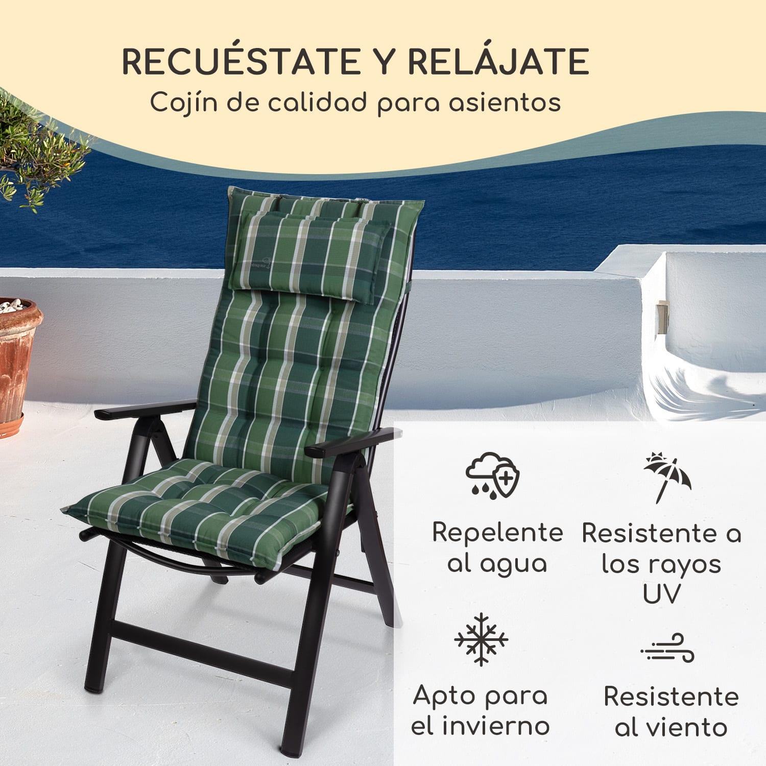 Sylt Cojín acolchado Cojín de exterior para sillas con respaldo alto Almohada Poliéster 50x120x9cm 1 x cojín del asiento | Gris / verde