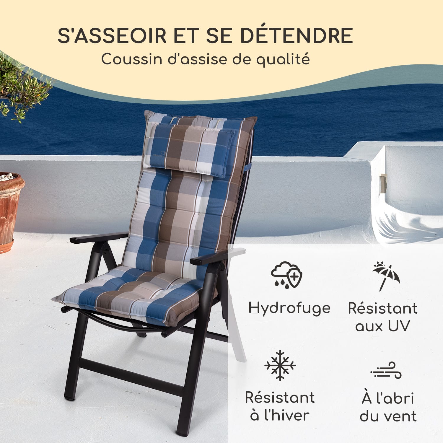 Sylt coussin de fauteuil appuie-tête pour dossier haut Polyester 50x120x9cm 1 x coussin de siege | Brun / bleu