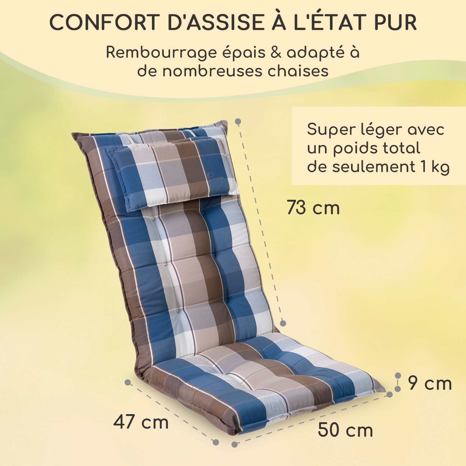 Sylt coussin de fauteuil appuie-tête pour dossier haut Polyester 50x120x9cm 1 x coussin de siege | Brun / bleu