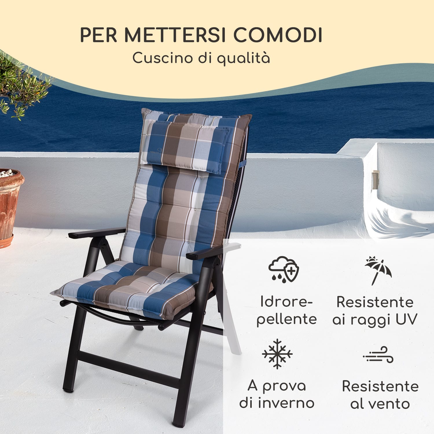 Sylt, Imbottitura, Schienale Alto, Sedia da Giardino, Poggiatesta, Poliestere, 50x120x9cm 1 x cuscino di seduta | Marrone Blu