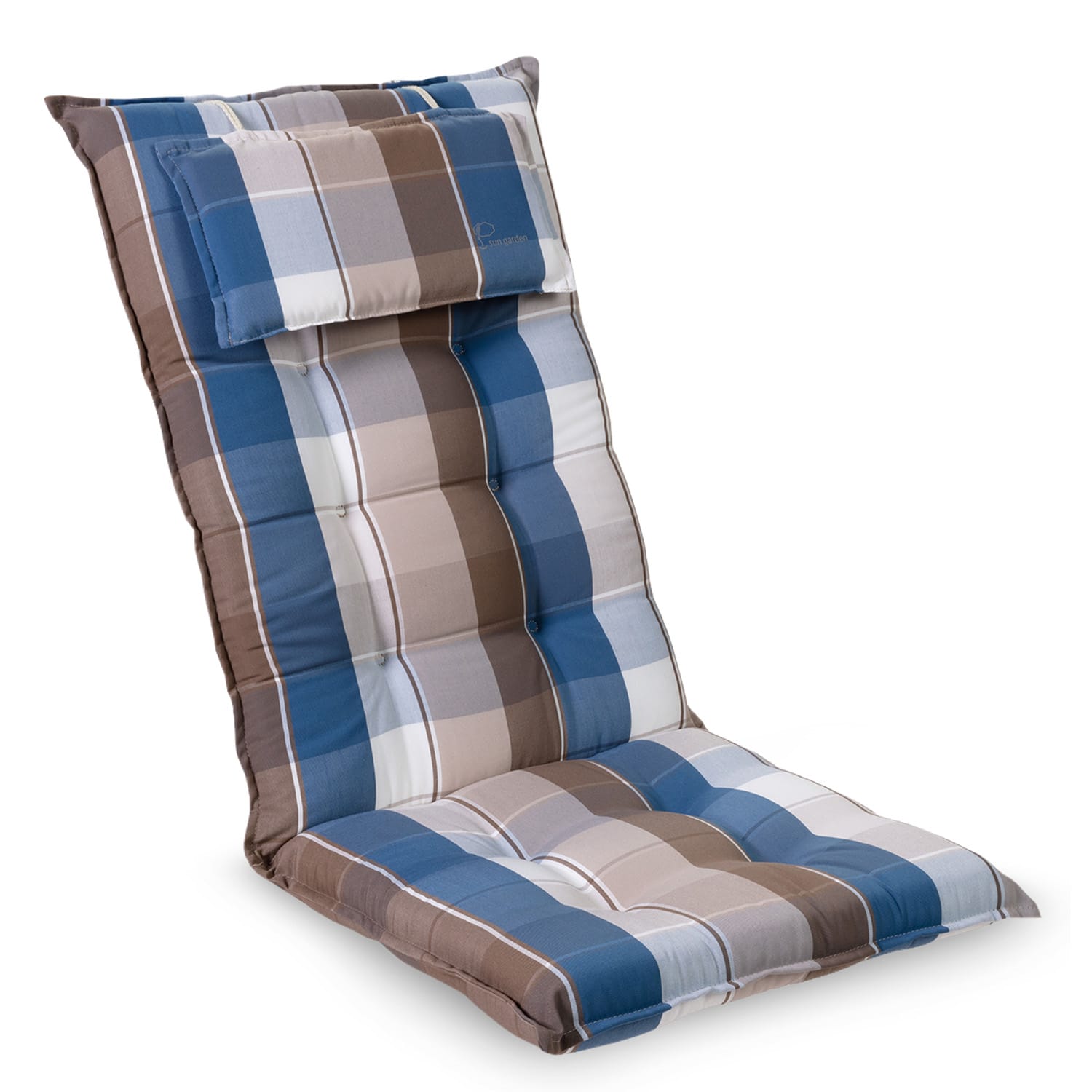 Sylt Cojín acolchado Cojín de exterior para sillas con respaldo alto Almohada Poliéster 50x120x9cm 1 x cojín del asiento | Azul / Marrón