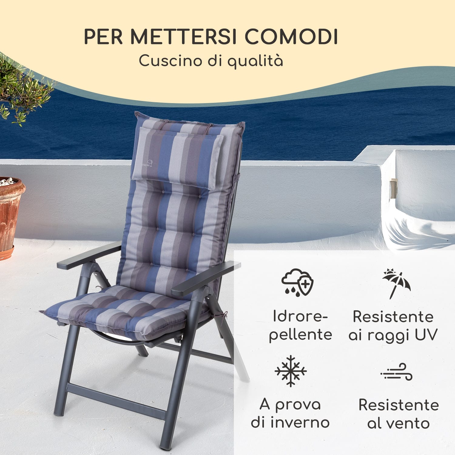 Sylt, Imbottitura, Schienale Alto, Sedia da Giardino, Poggiatesta, Poliestere, 50x120x9cm 1 x cuscino di seduta | Blu grigio