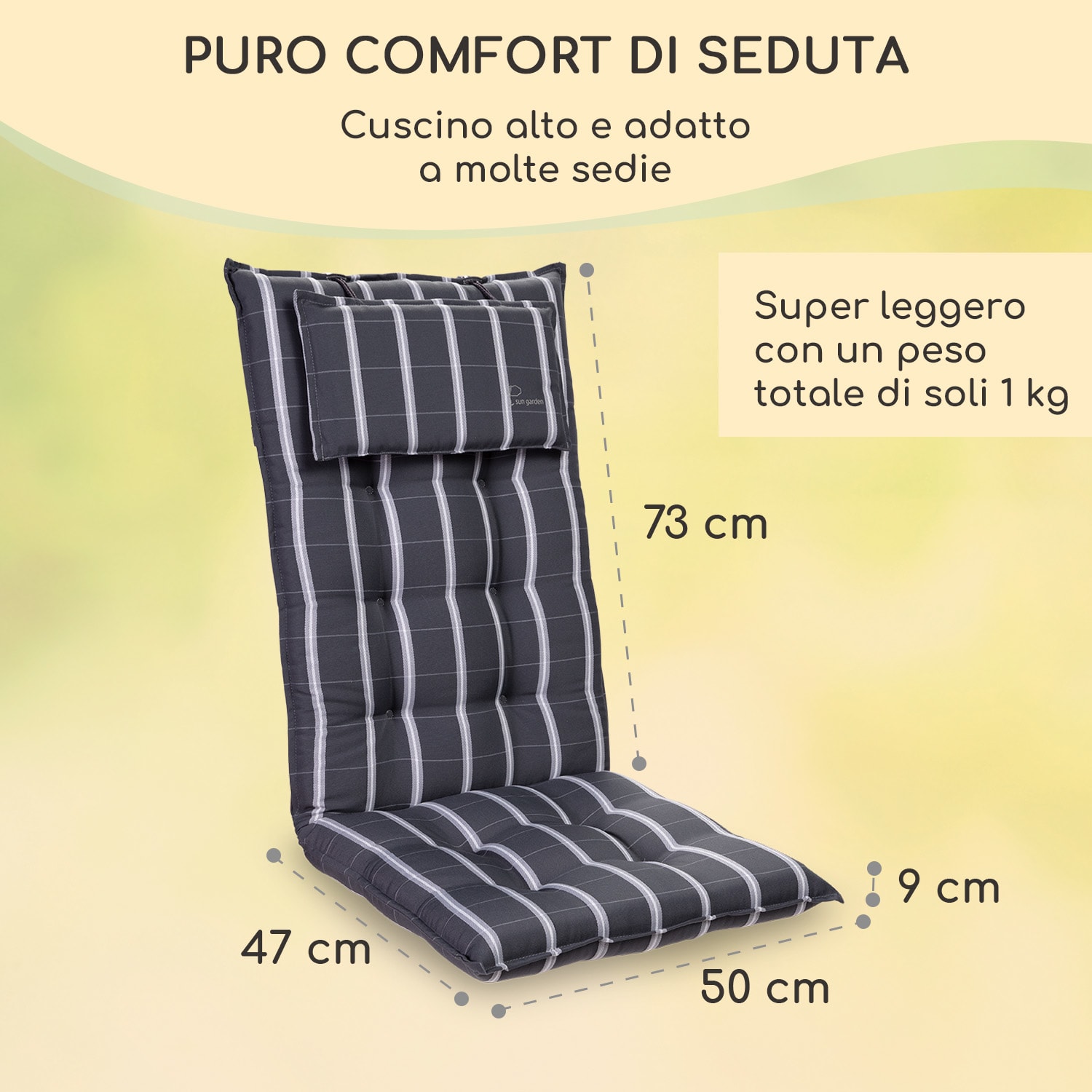 Sylt, Imbottitura, Schienale Alto, Sedia da Giardino, Poggiatesta, Poliestere, 50x120x9cm 2 x cuscino di seduta | Grigio / chiaro grigio