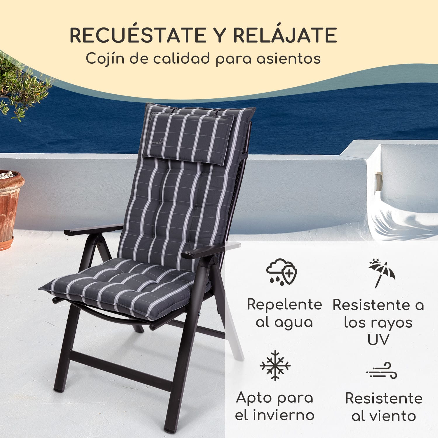 Sylt Cojín acolchado Cojín de exterior para sillas con respaldo alto Almohada Poliéster 50x120x9cm 4 x cojín del asiento | Gris / Gris claro