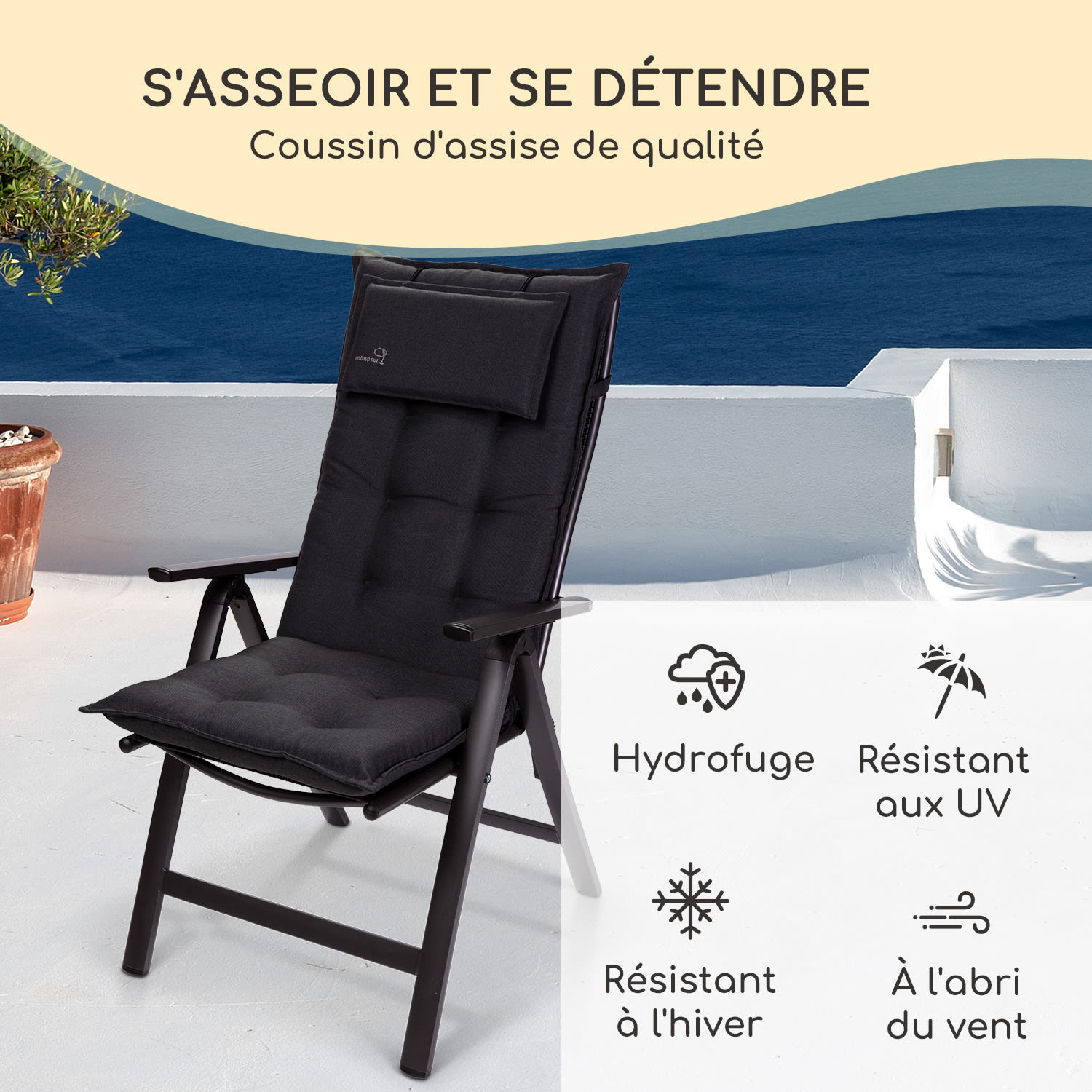 Sylt coussin de fauteuil appuie-tête pour dossier haut Polyester 50x120x9cm 4 x coussin de siege | Noir