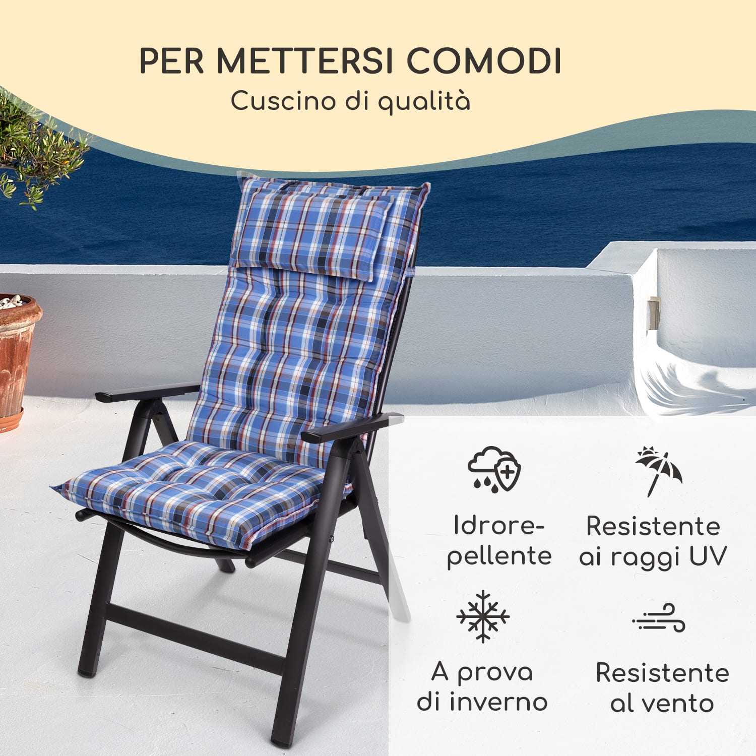 Sylt, Imbottitura, Schienale Alto, Sedia da Giardino, Poggiatesta, Poliestere, 50x120x9cm 