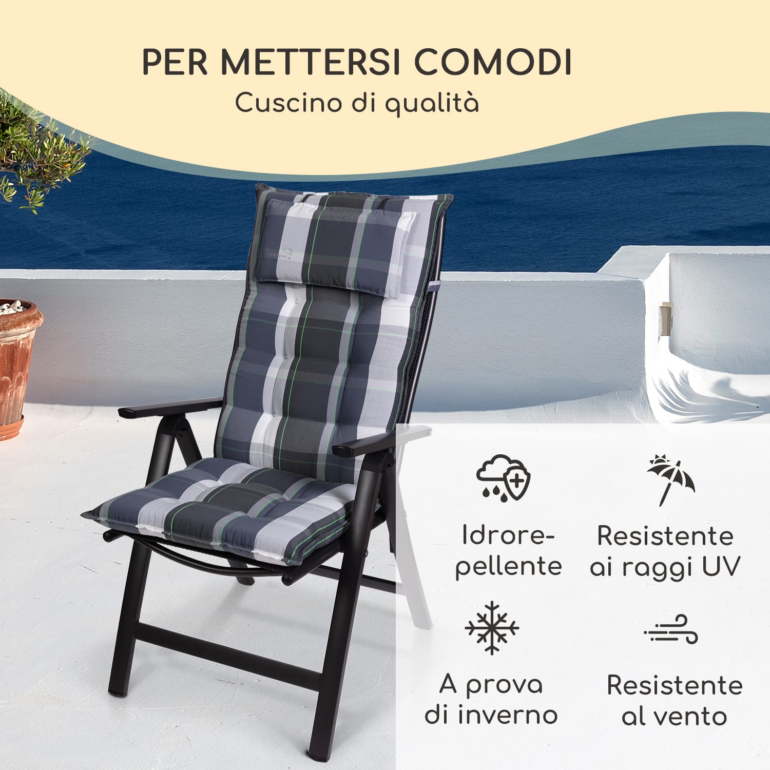 Sylt, Imbottitura, Schienale Alto, Sedia da Giardino, Poggiatesta, Poliestere, 50x120x9cm 2 x cuscino di seduta | Blu bianco