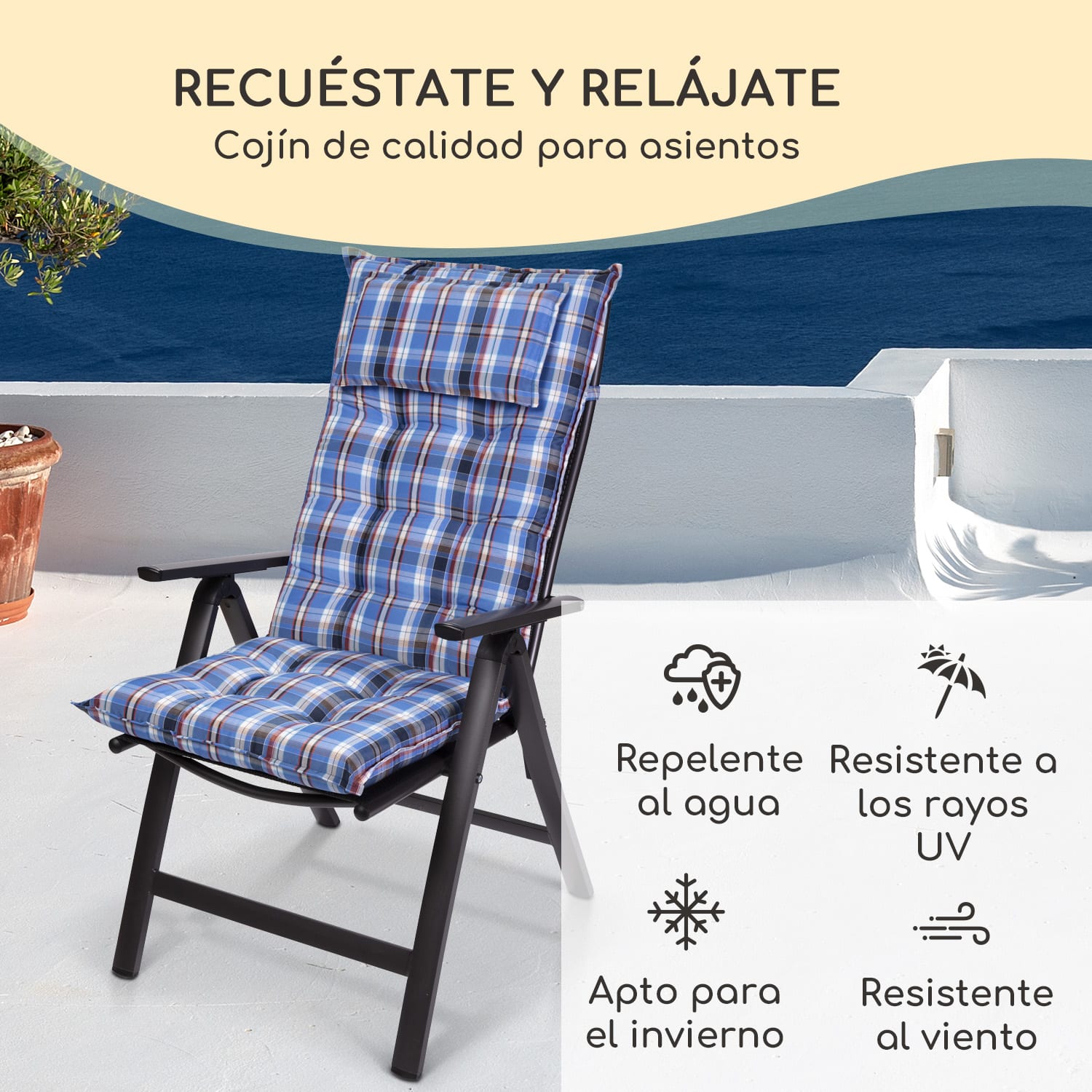 Sylt Cojín acolchado Cojín de exterior para sillas con respaldo alto Almohada Poliéster 50x120x9cm 4 x cojín del asiento | Azul / blanco