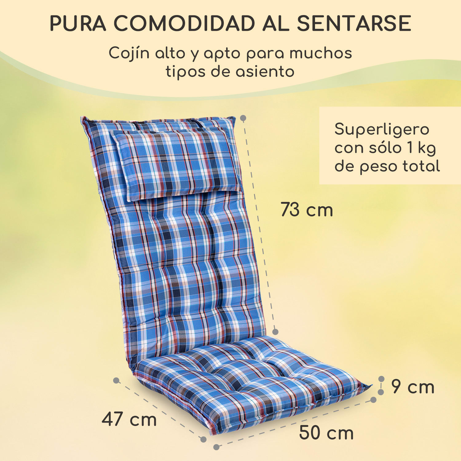 Sylt Cojín acolchado Cojín de exterior para sillas con respaldo alto Almohada Poliéster 50x120x9cm 4 x cojín del asiento | Azul / blanco