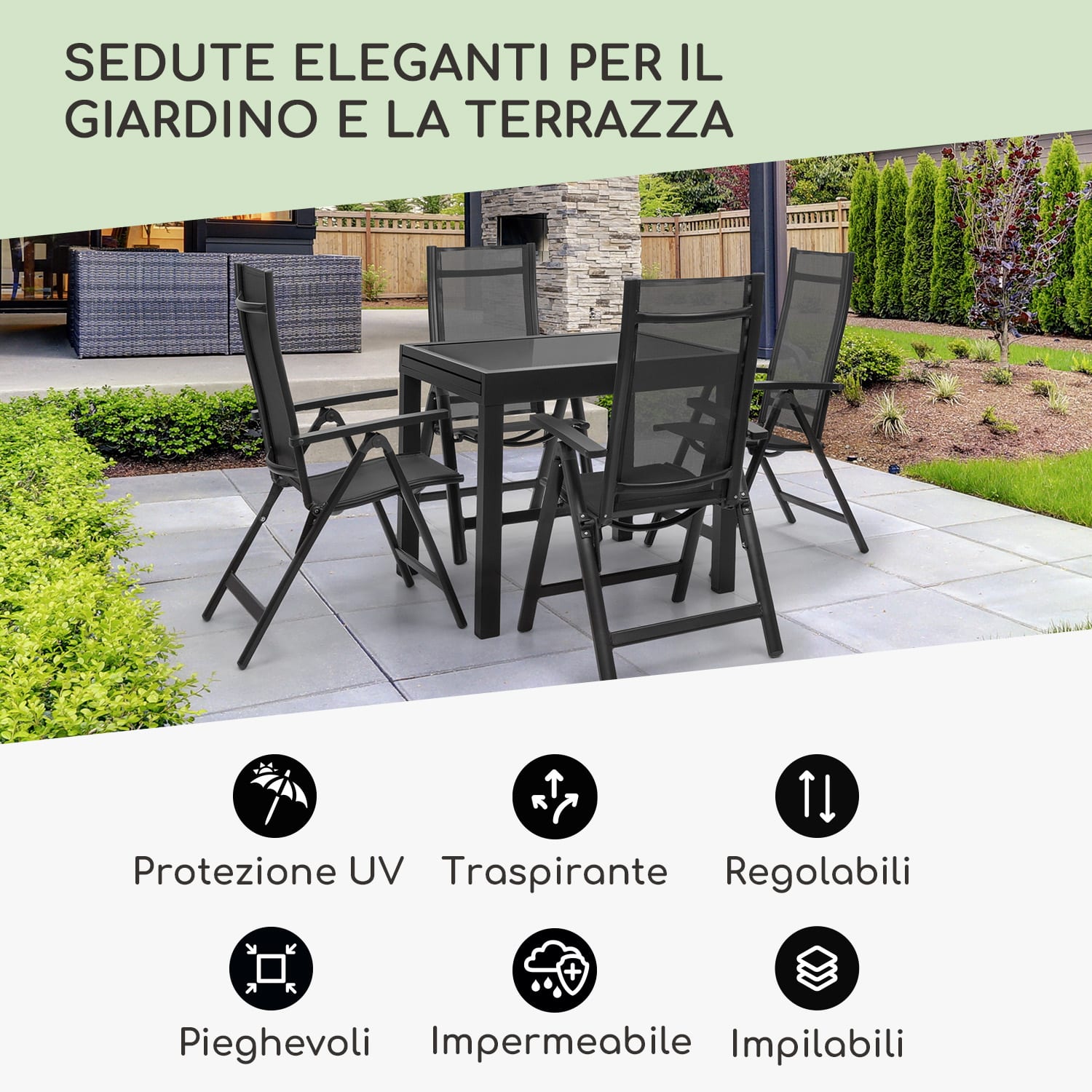 London, Sedia da Giardino, Set 2 Pz., Textilene, Alluminio, 6 Posizioni, Pieghevole 2 x Sedia | Nero
