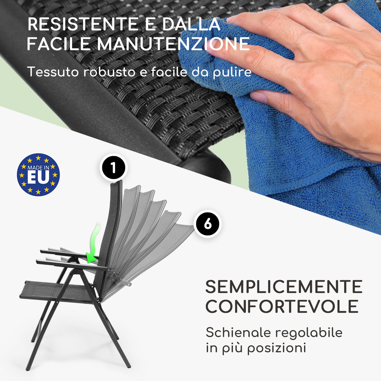 London, Sedia da Giardino, Set 2 Pz., Textilene, Alluminio, 6 Posizioni, Pieghevole 2 x Sedia | Nero
