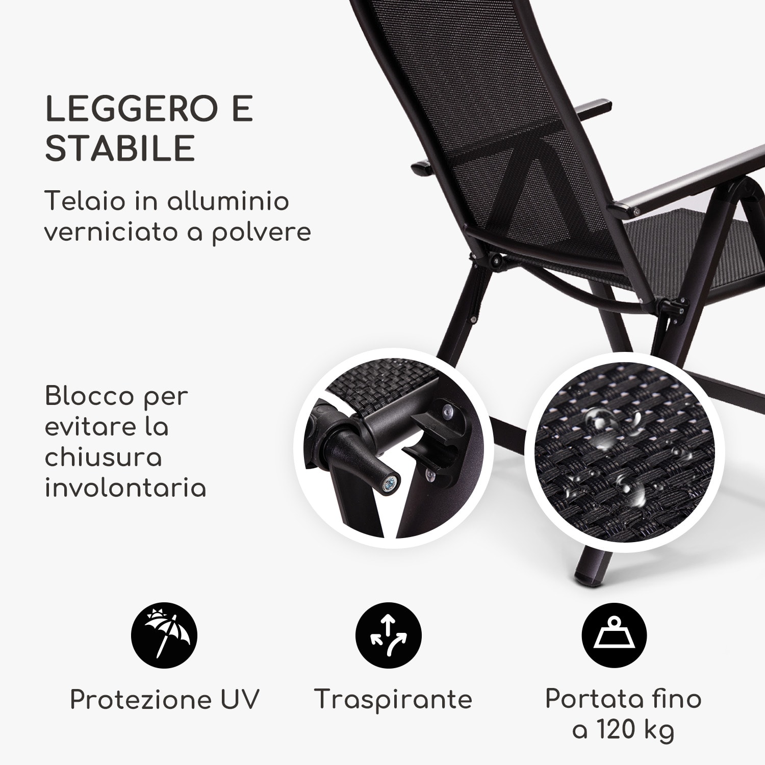 London, Sedia da Giardino, Set 2 Pz., Textilene, Alluminio, 6 Posizioni, Pieghevole 2 x Sedia | Nero