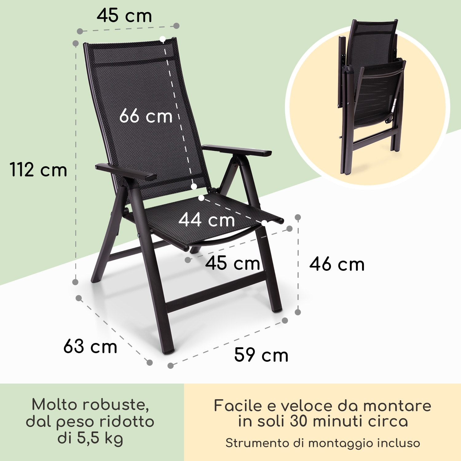 London, Sedia da Giardino, Set 2 Pz., Textilene, Alluminio, 6 Posizioni, Pieghevole 2 x Sedia | Nero