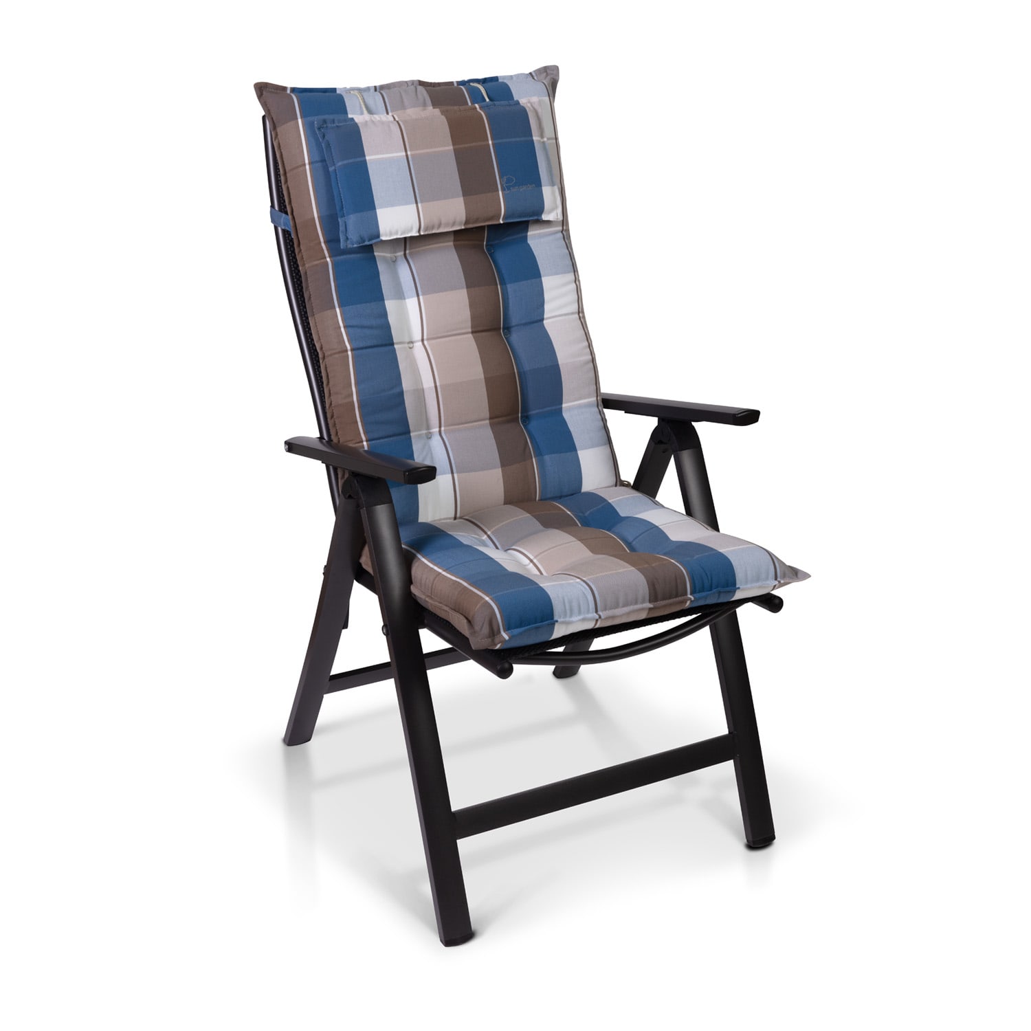 Sylt, čalúnená podložka, podložka na stoličku, podložka na vyššie polohovacie kreslo, vankúš, polyester, 50 × 120 × 9 cm 3 x sedák | Modrá / Hnedá