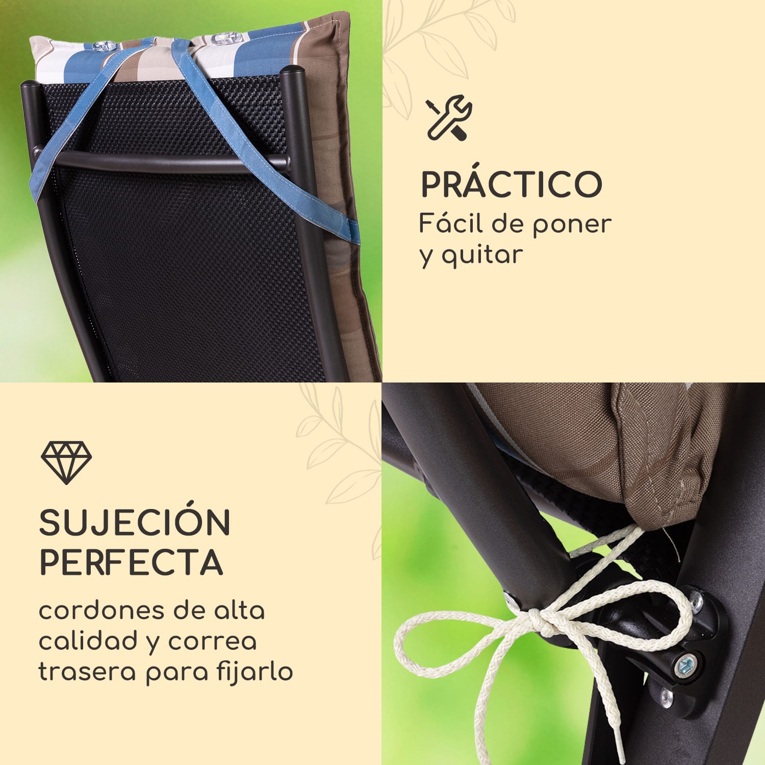Sylt Cojín acolchado Cojín de exterior para sillas con respaldo alto Almohada Poliéster 50x120x9cm 2 x cojín del asiento | Azul / Marrón