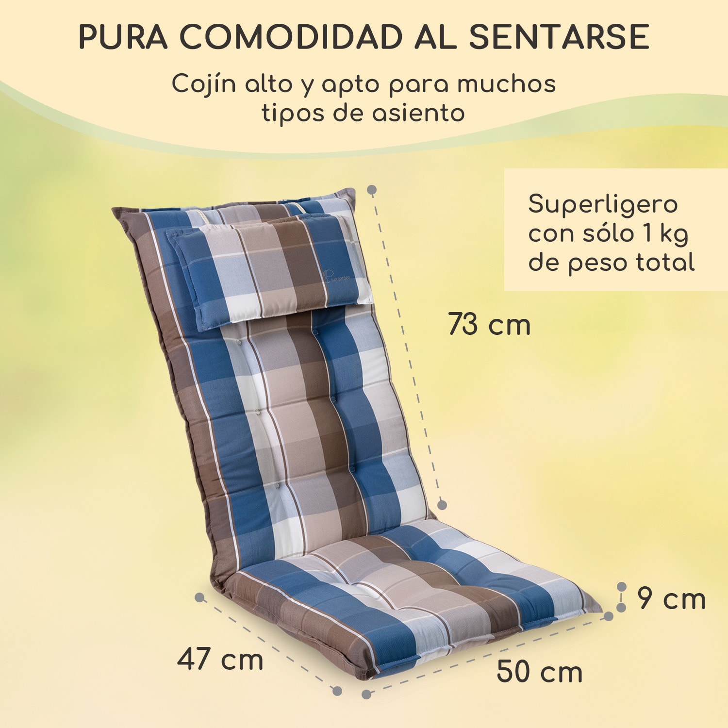 Sylt Cojín acolchado Cojín de exterior para sillas con respaldo alto Almohada Poliéster 50x120x9cm 2 x cojín del asiento | Azul / Marrón