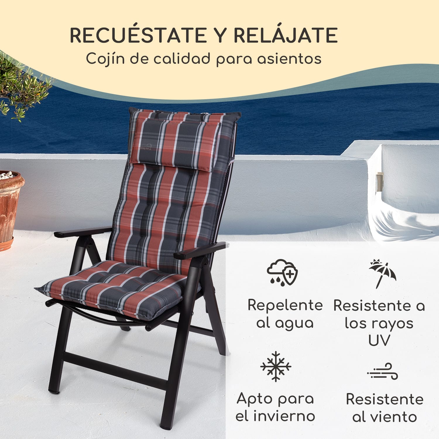 Sylt Cojín acolchado Cojín de exterior para sillas con respaldo alto Almohada Poliéster 50x120x9cm 4 x cojín del asiento | Negro/Rojo