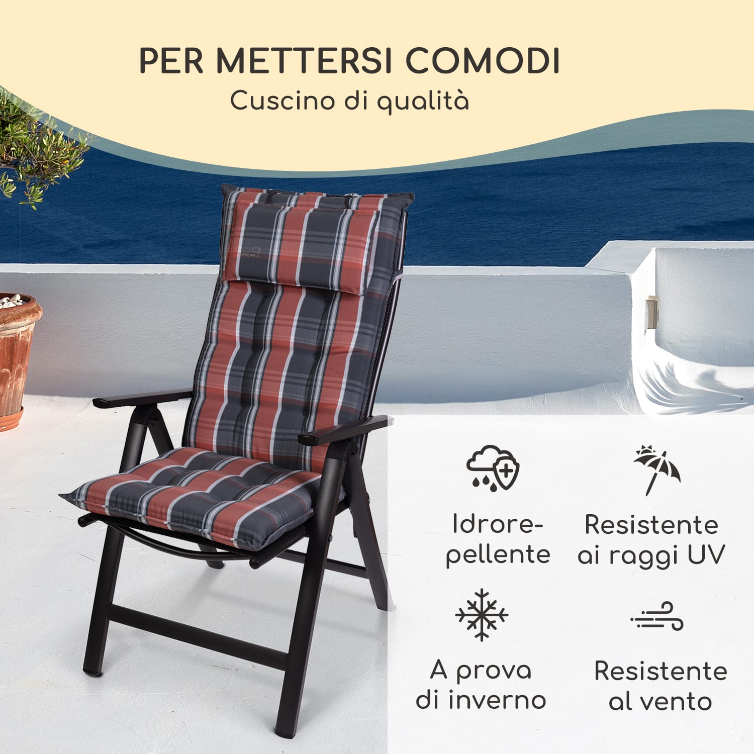 Sylt, Imbottitura, Schienale Alto, Sedia da Giardino, Poggiatesta, Poliestere, 50x120x9cm 4 x cuscino di seduta | Nero / Rosso
