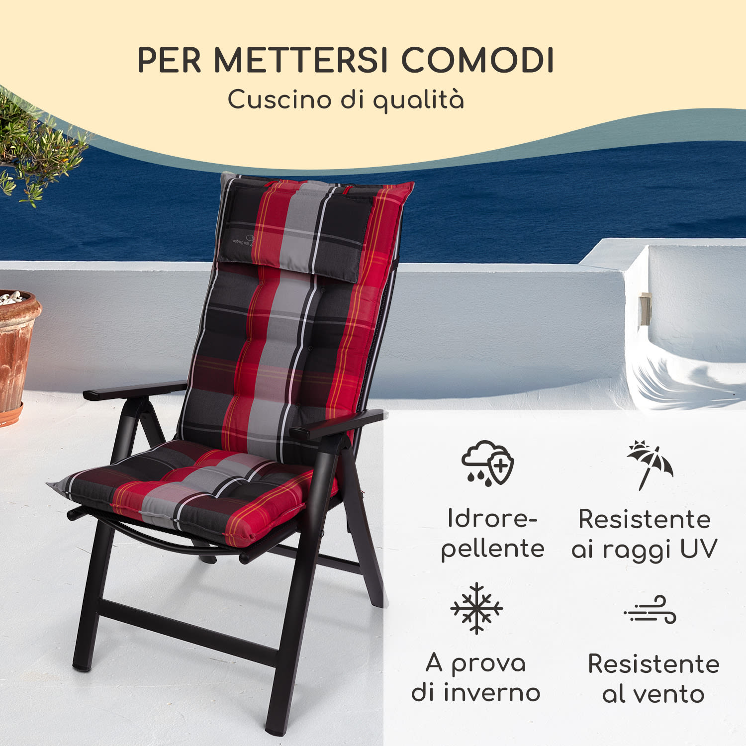 Sylt, Imbottitura, Schienale Alto, Sedia da Giardino, Poggiatesta, Poliestere, 50x120x9cm 2 x cuscino di seduta | Rosso / Nero