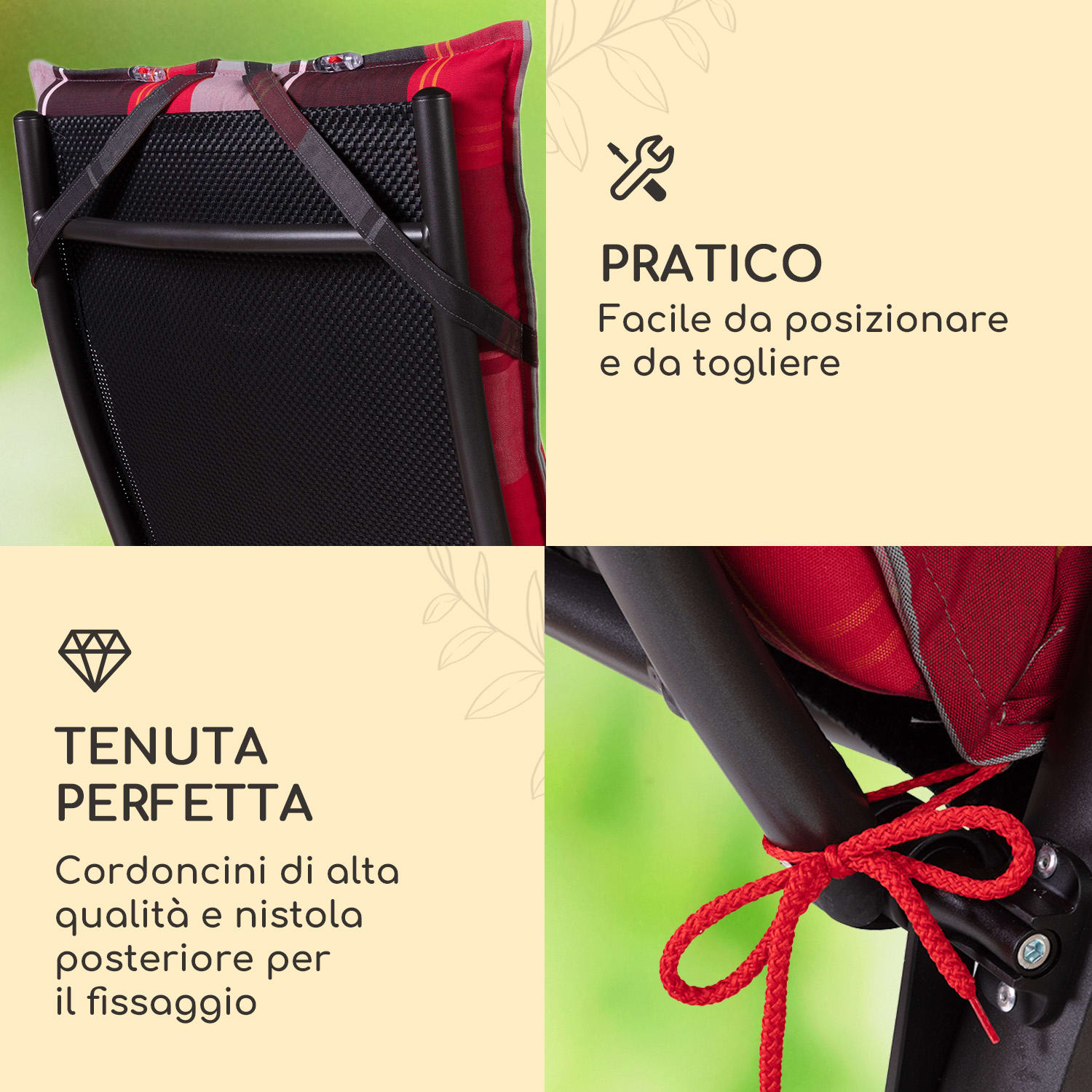 Sylt, Imbottitura, Schienale Alto, Sedia da Giardino, Poggiatesta, Poliestere, 50x120x9cm 2 x cuscino di seduta | Rosso / Nero